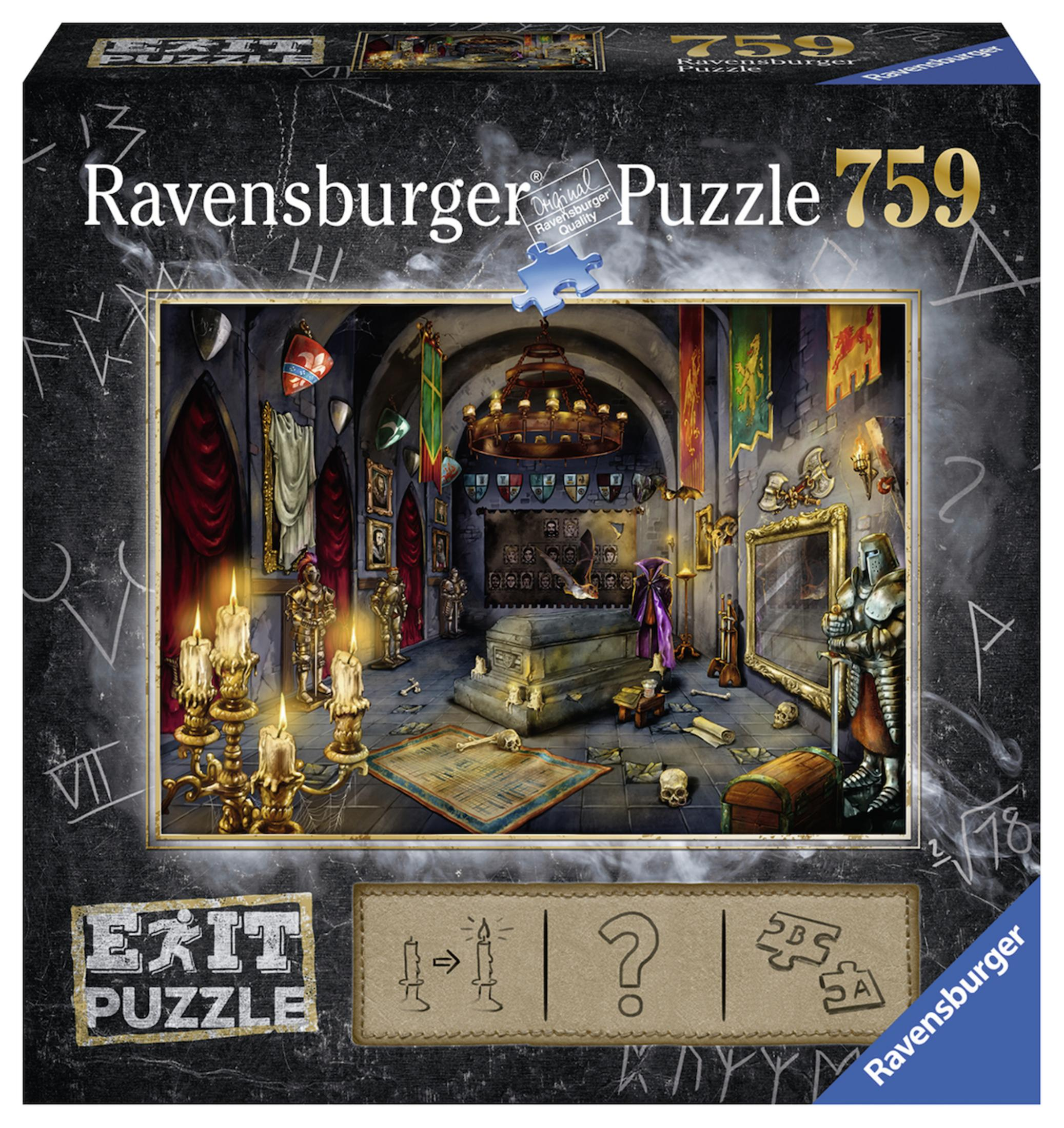 Eine Ravensburger Puzzle-Box zeigt eine detaillierte Illustration eines Raumes mit Sarg und Kerzen.