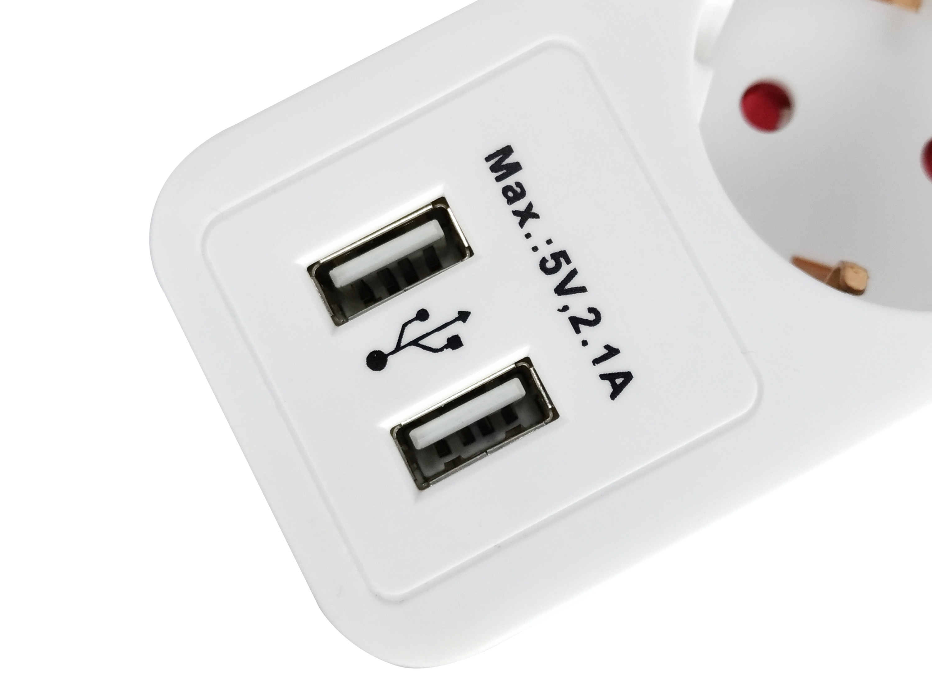 Biały przedłużacz z dwoma portami USB, wtyczką i tekstem: Max: 5V, 2.1A.