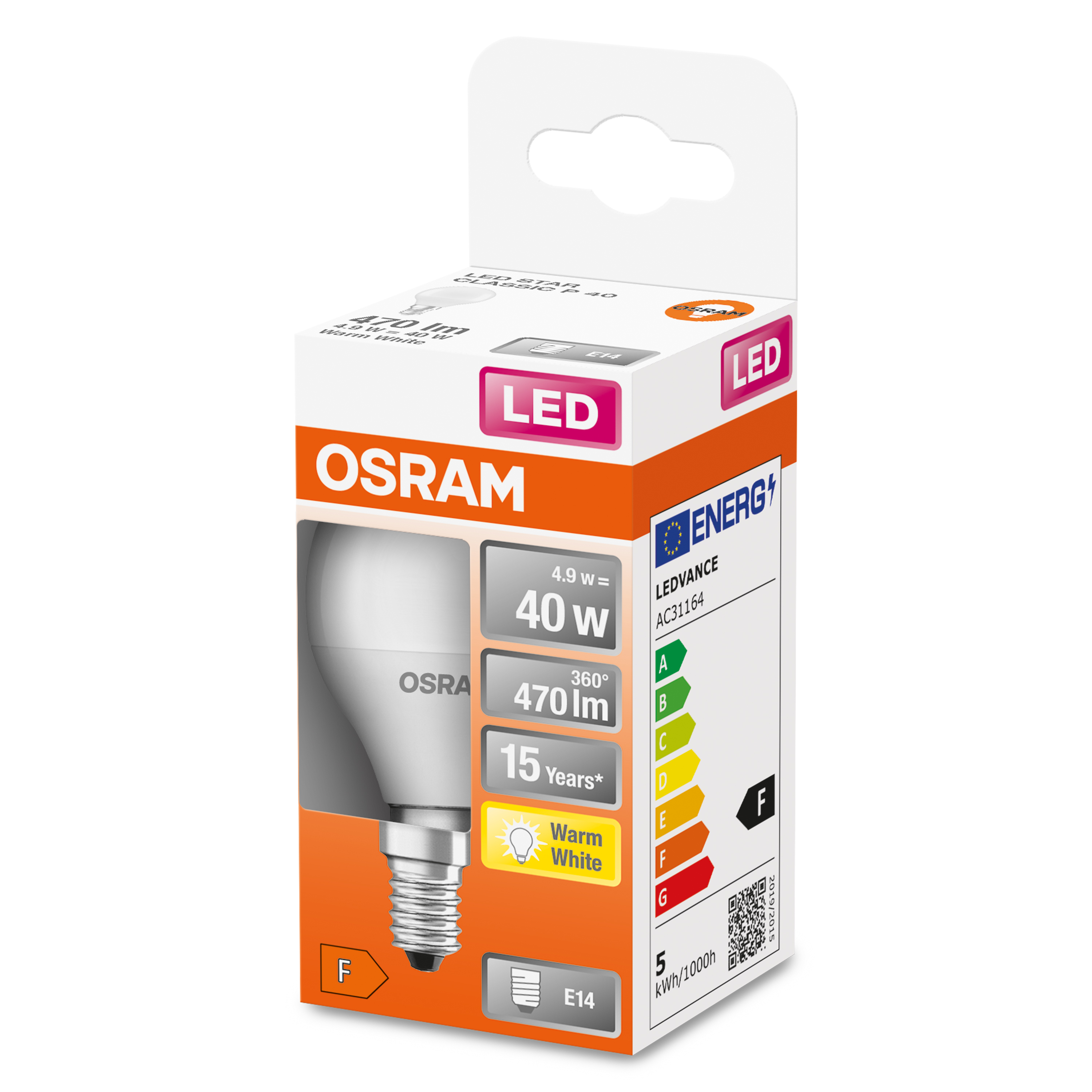 Pudełko żarówki LED OSRAM, ze szczegółami, w tym 4,9 W, 470 lm, trzonek E14.