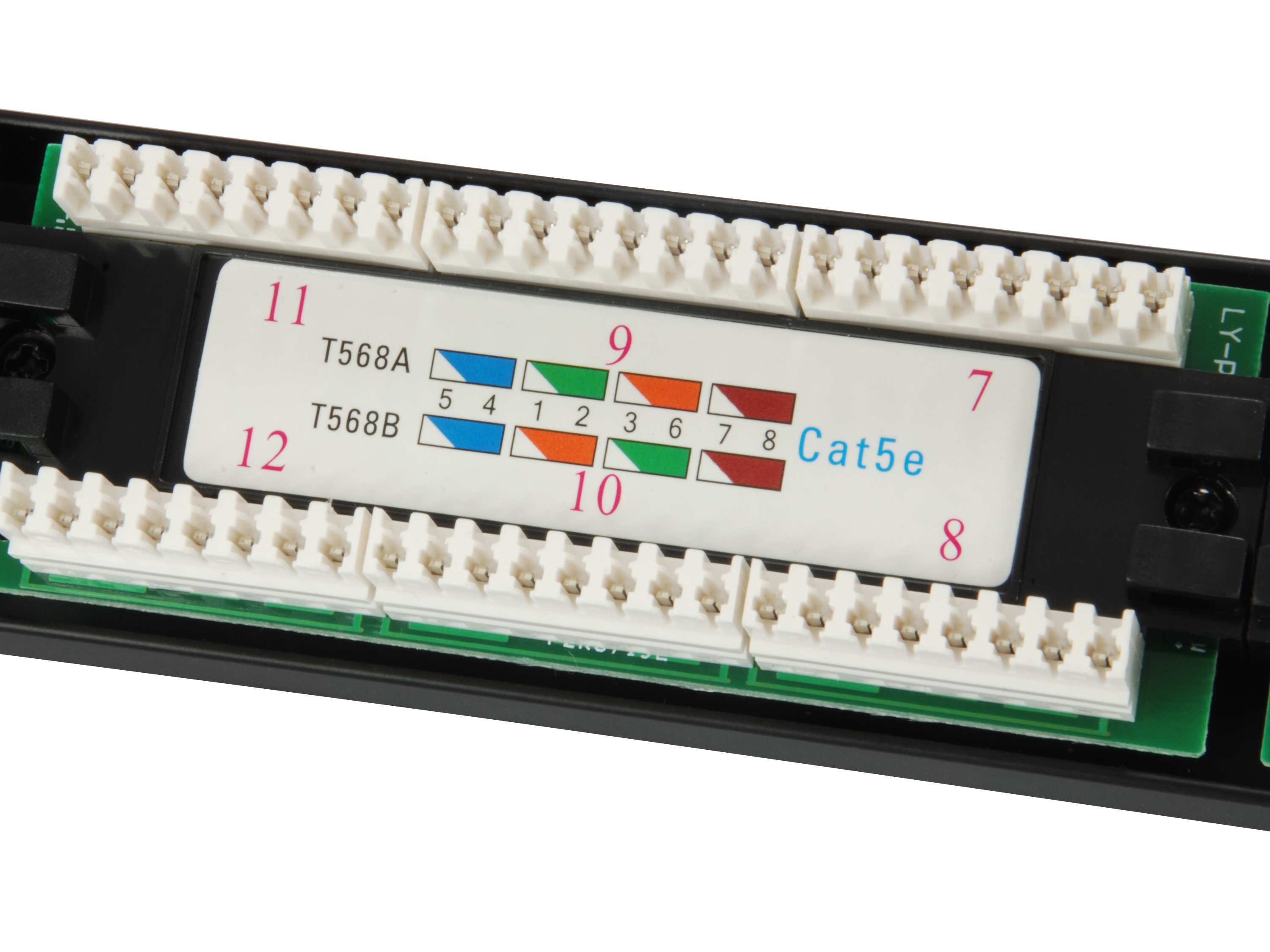 Zbliżenie czarnego panelu krosowego z białymi portami, przewodami oznaczonymi kolorami i etykietą Cat.5e.