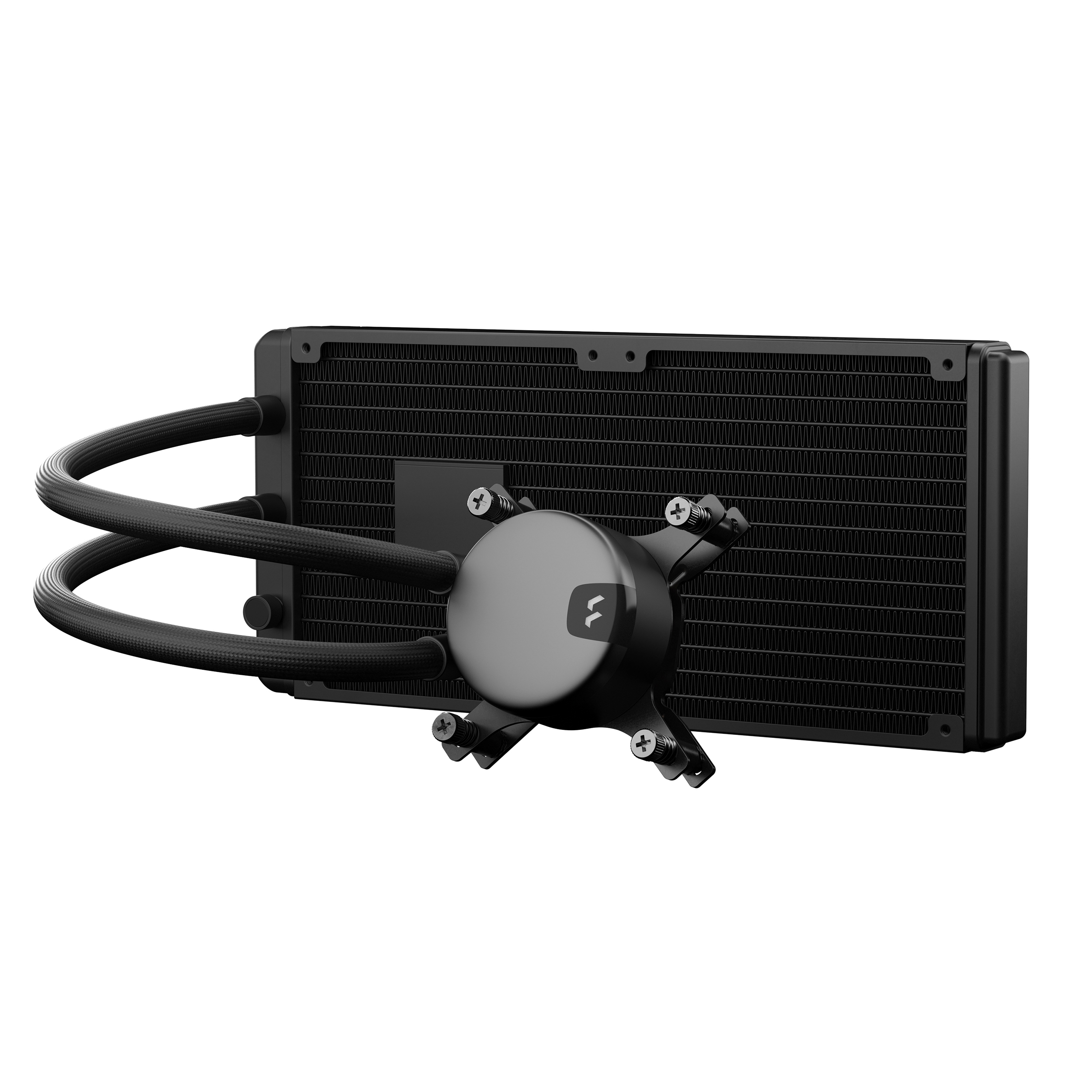 Schwarze Flüssigkeitskühlung. Eine fächerartige Struktur und Schläuche sind mit einem schwarzen Kühler verbunden.