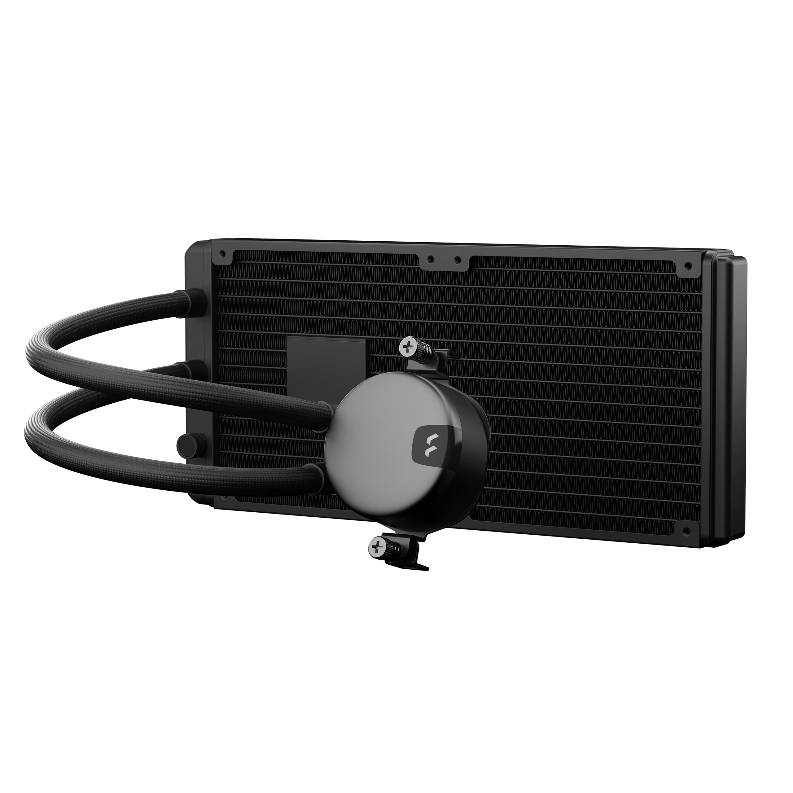 Schwarzer Computer-Wasserkühler. Er hat einen Radiator mit Schläuchen und eine Pumpe mit Logo.