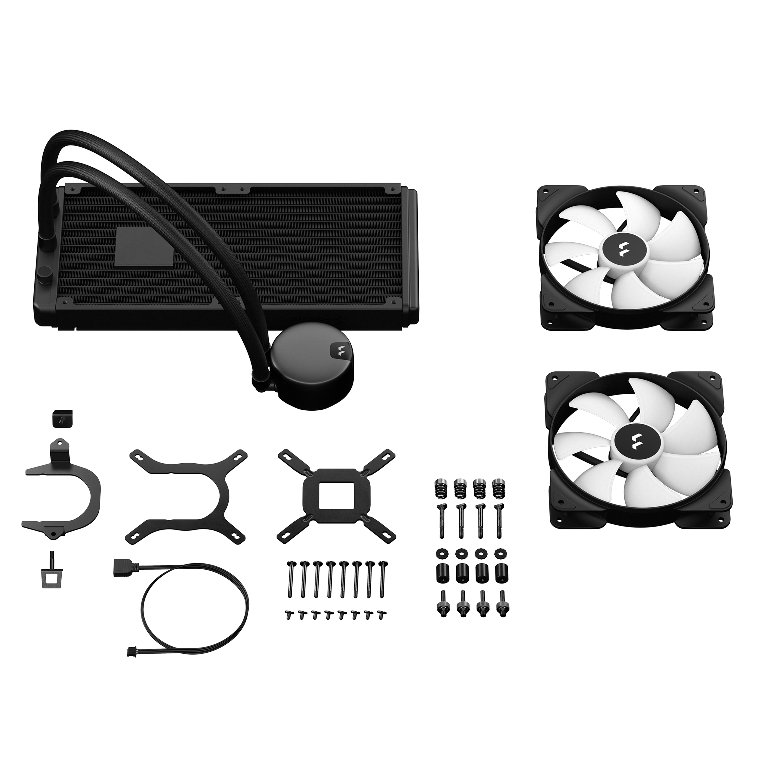 Wasserkühlerteile, einschließlich Radiator, Pumpe, Montagehalterungen, Schrauben und Lüfter mit weißen Blättern.