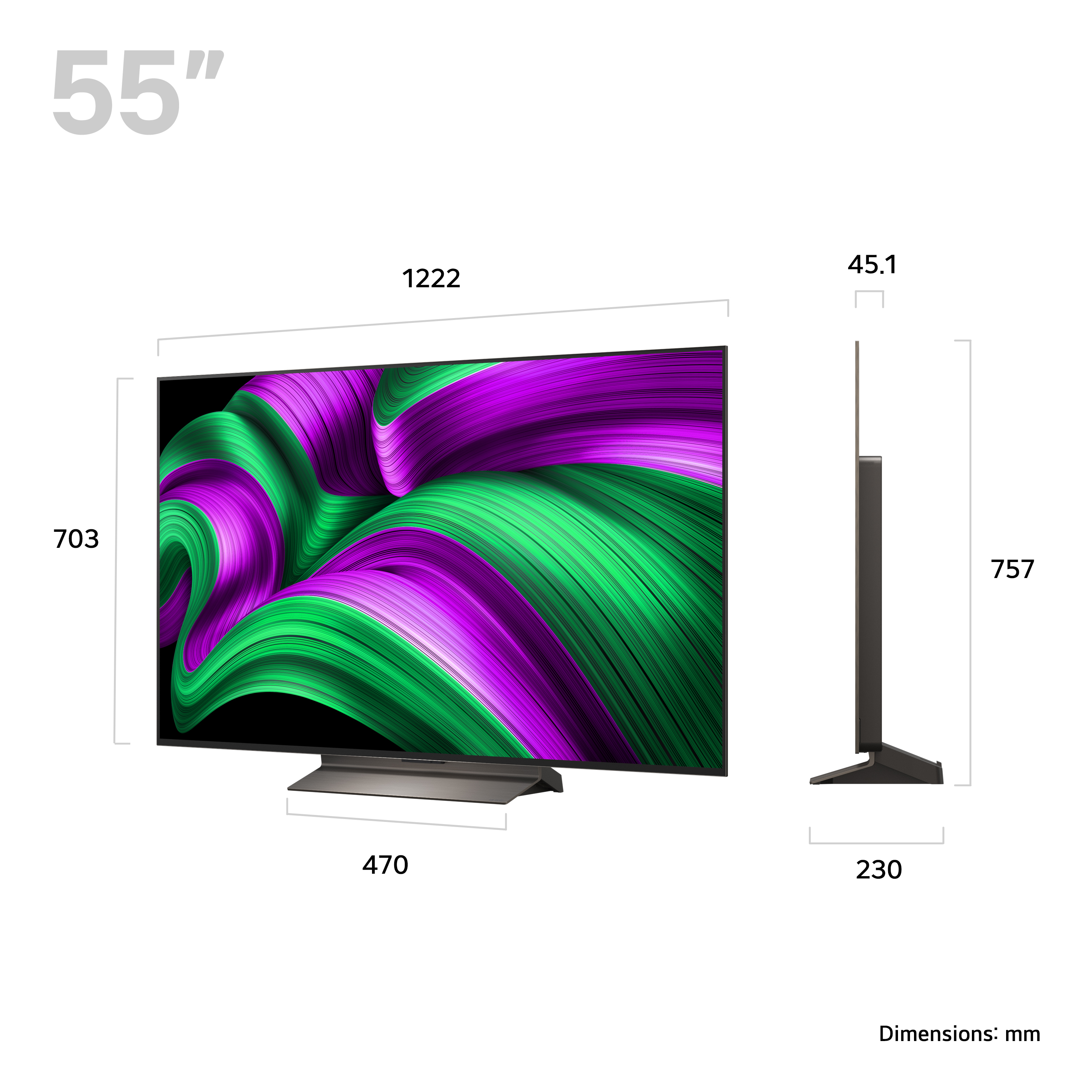 Una TV, con dimensioni e misure, che mostra un motivo astratto verde e viola.