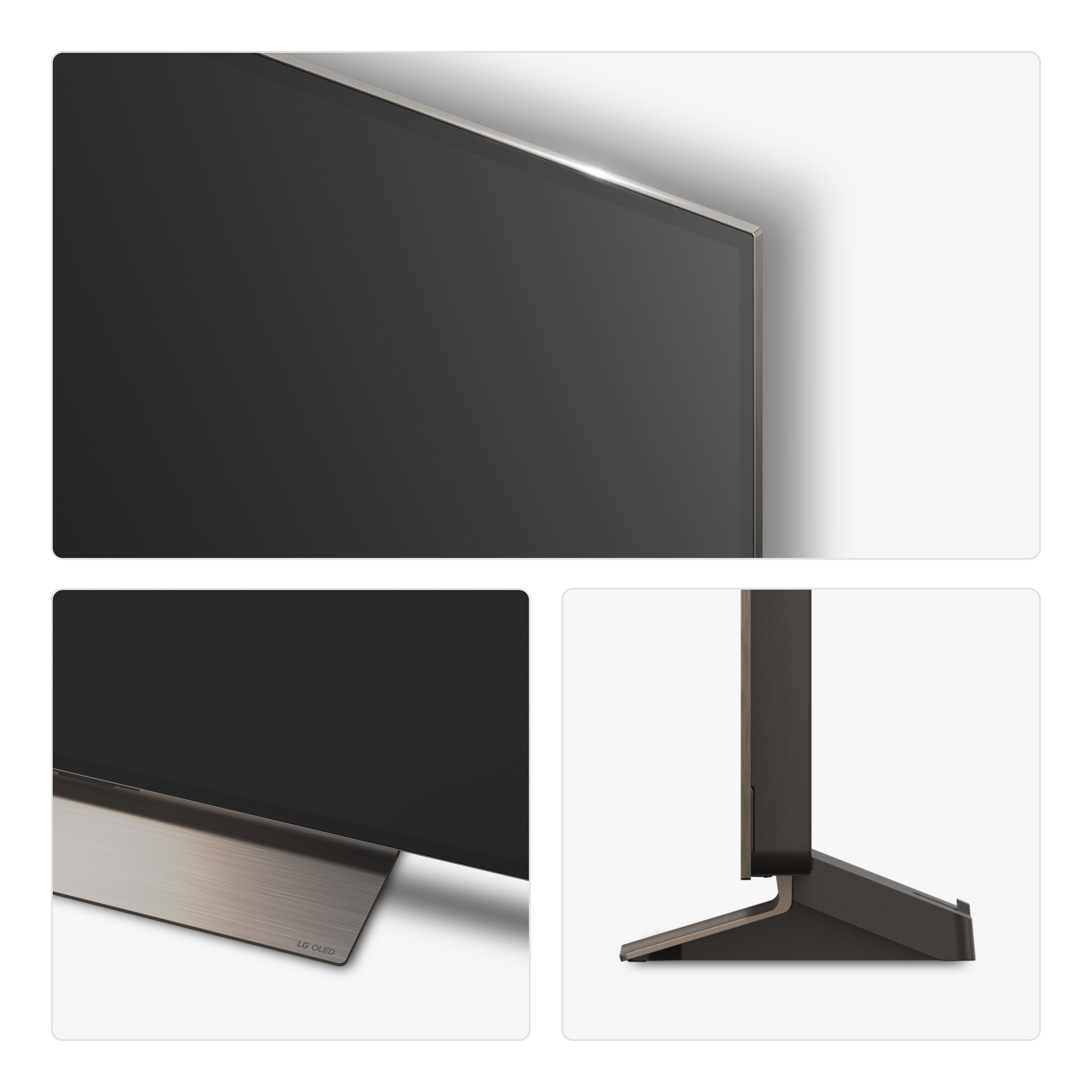 Primo piano di una TV. Cornice argentata, schermo nero, supporto e logo LG OLED.