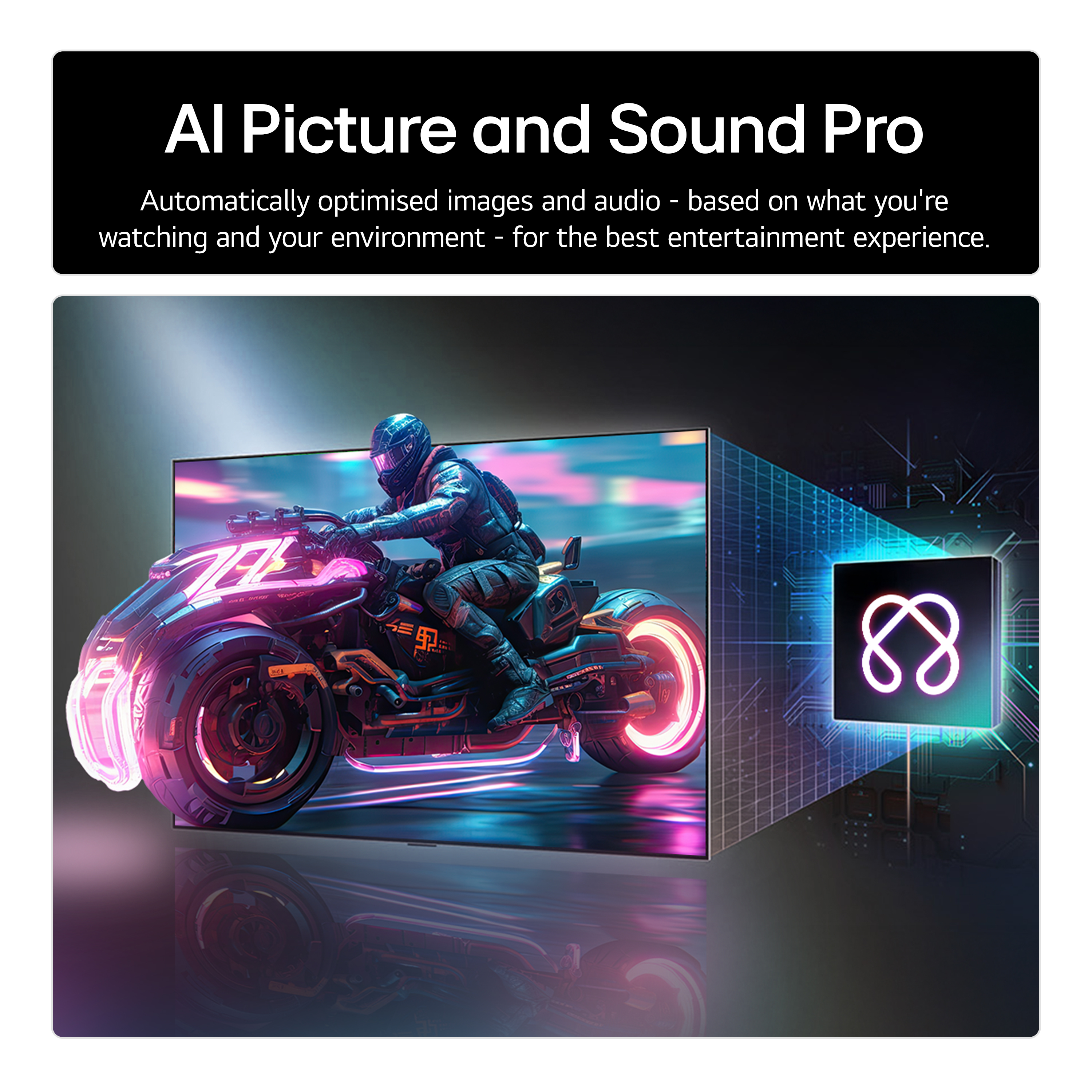 Schermo TV con moto da corsa. Il testo dice AI Picture and Sound Pro.