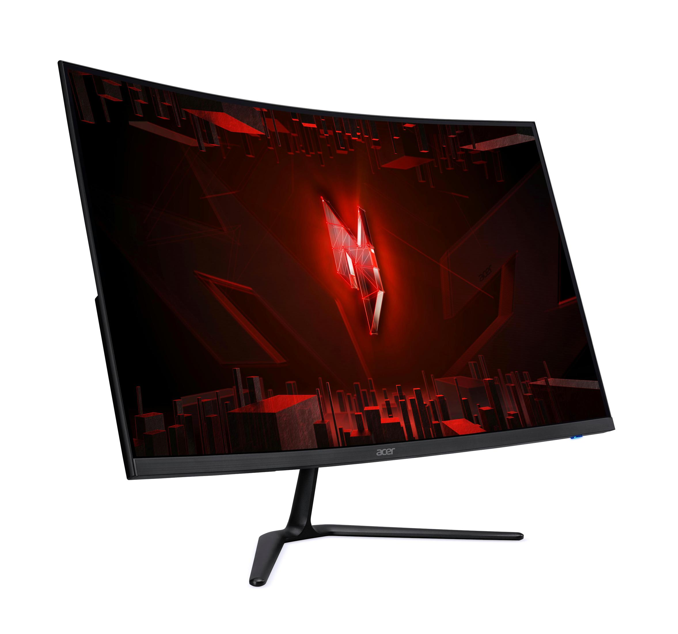 Monitor Acer curvo con schermo rosso e nero e supporto nero.