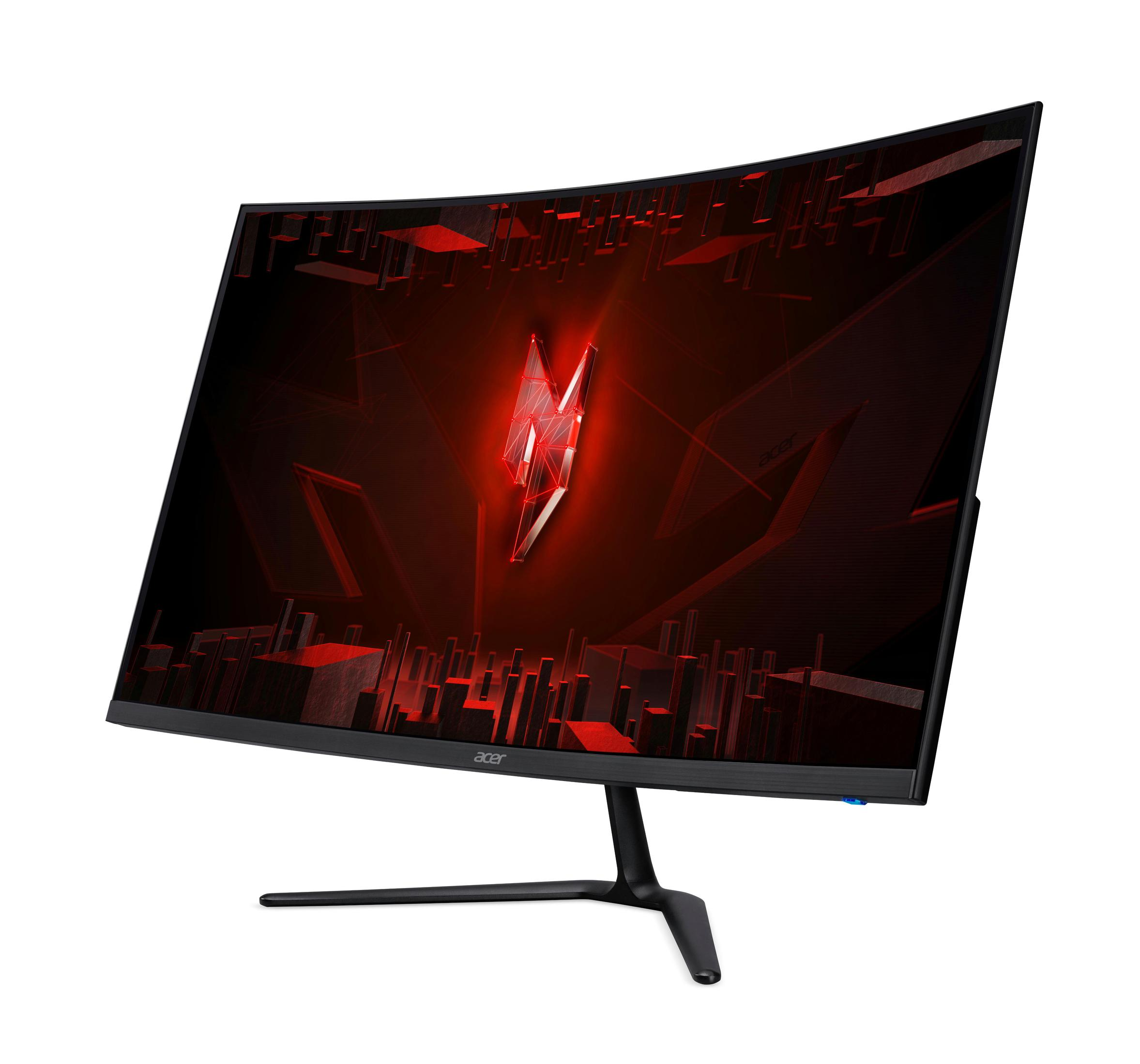 Monitor Acer curvo con schermo rosso e nero e supporto nero.