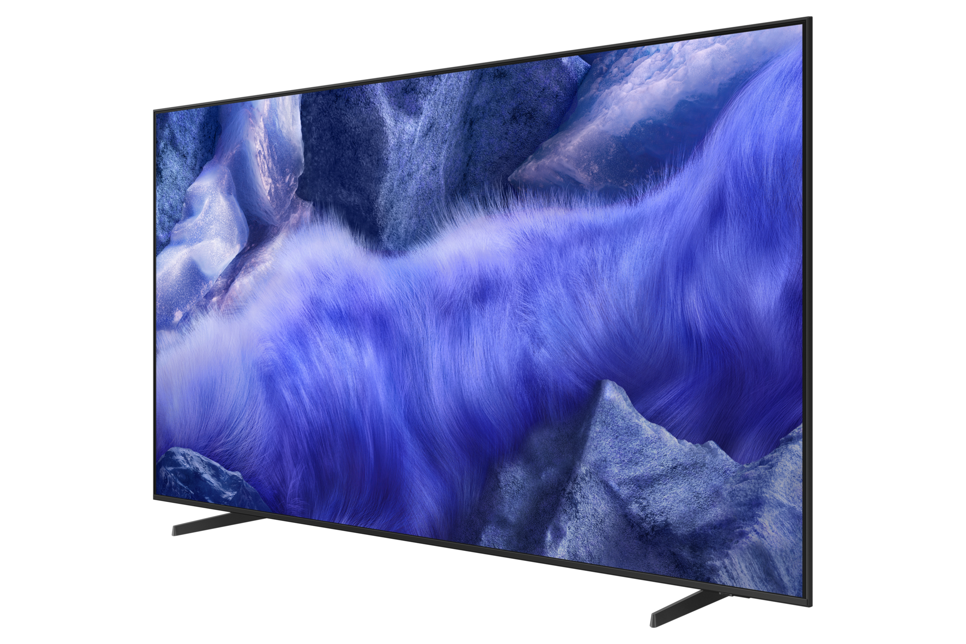 Ein Fernseher zeigt ein verschwommenes, abstraktes Bild mit blauen und violetten Texturen.