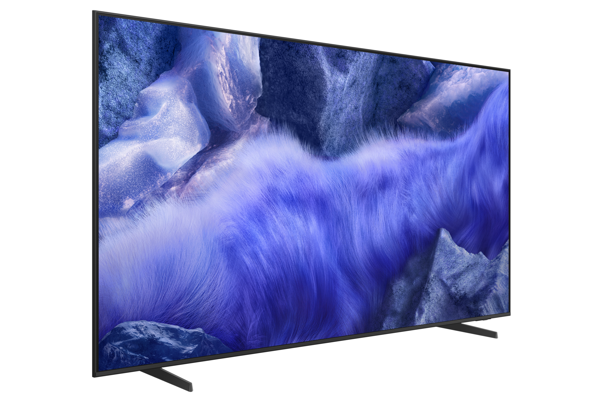 Ein Fernseher zeigt ein verschwommenes, abstraktes Bild mit violetten, blauen und weißen Texturen.
