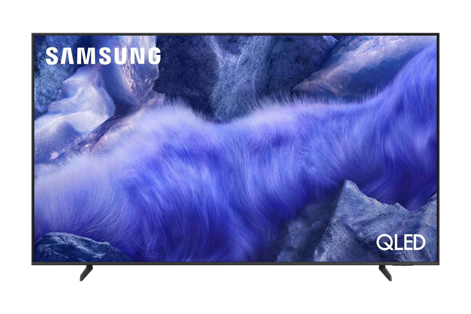 Ein Samsung QLED-Fernseher zeigt ein verschwommenes, abstraktes Bild mit blauen und violetten Texturen.