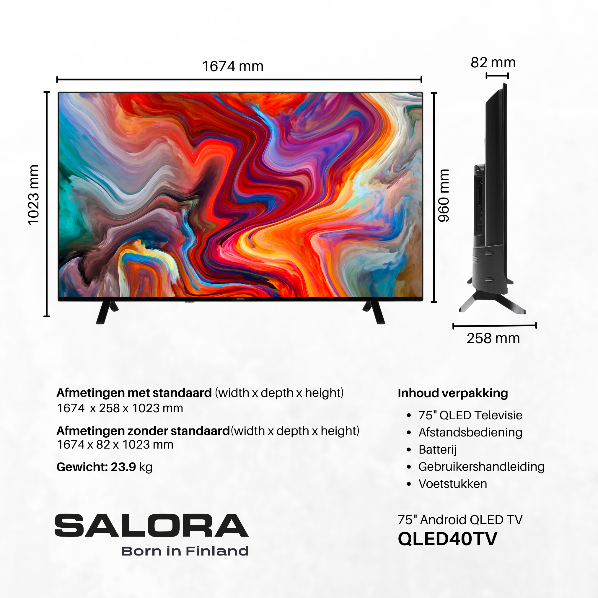 Dimensions of a Salora TV: width, depth, height, and content of the package.
