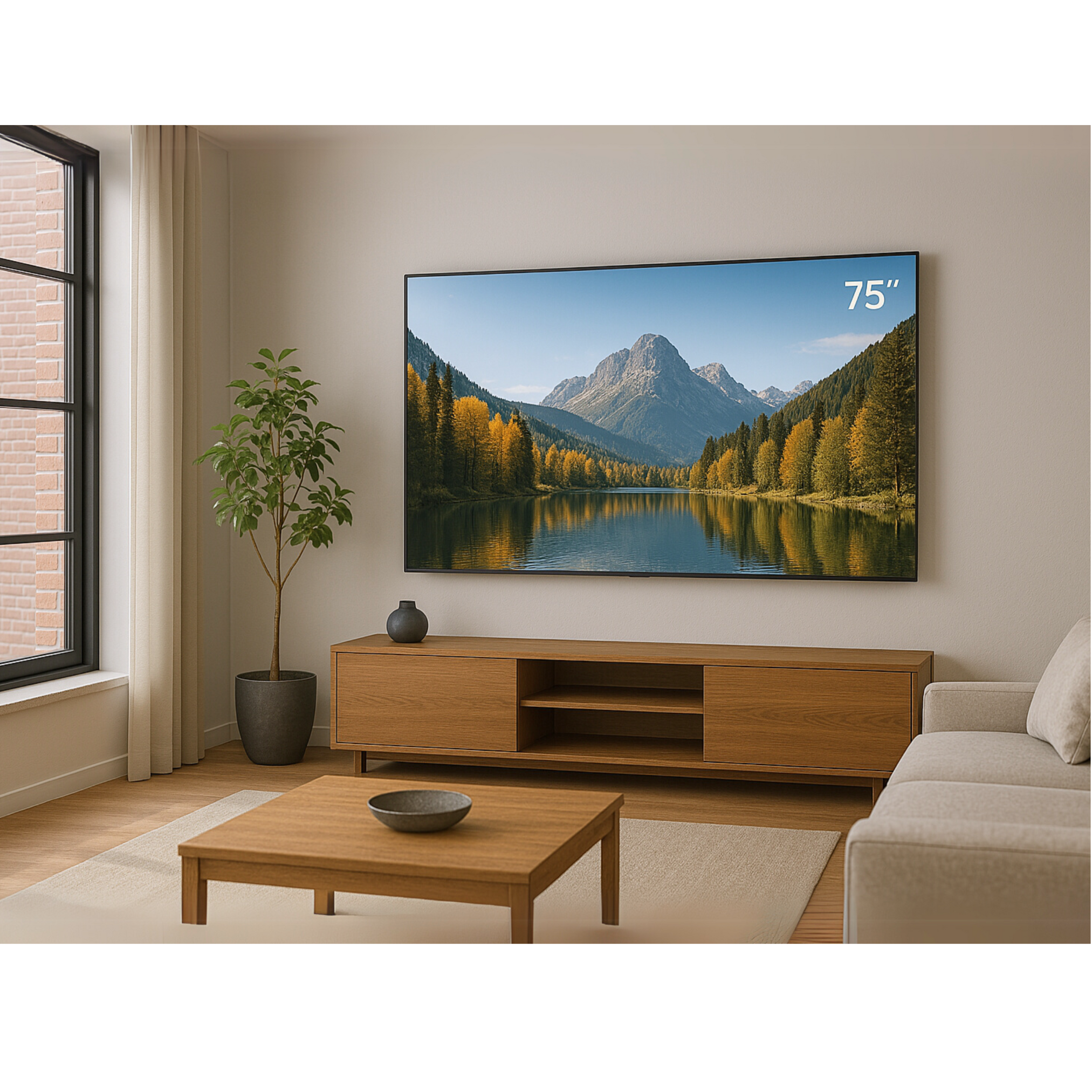 75-inch TV shows a mountain lake scene. It is in a living room with a coffee table, sofa, and window.