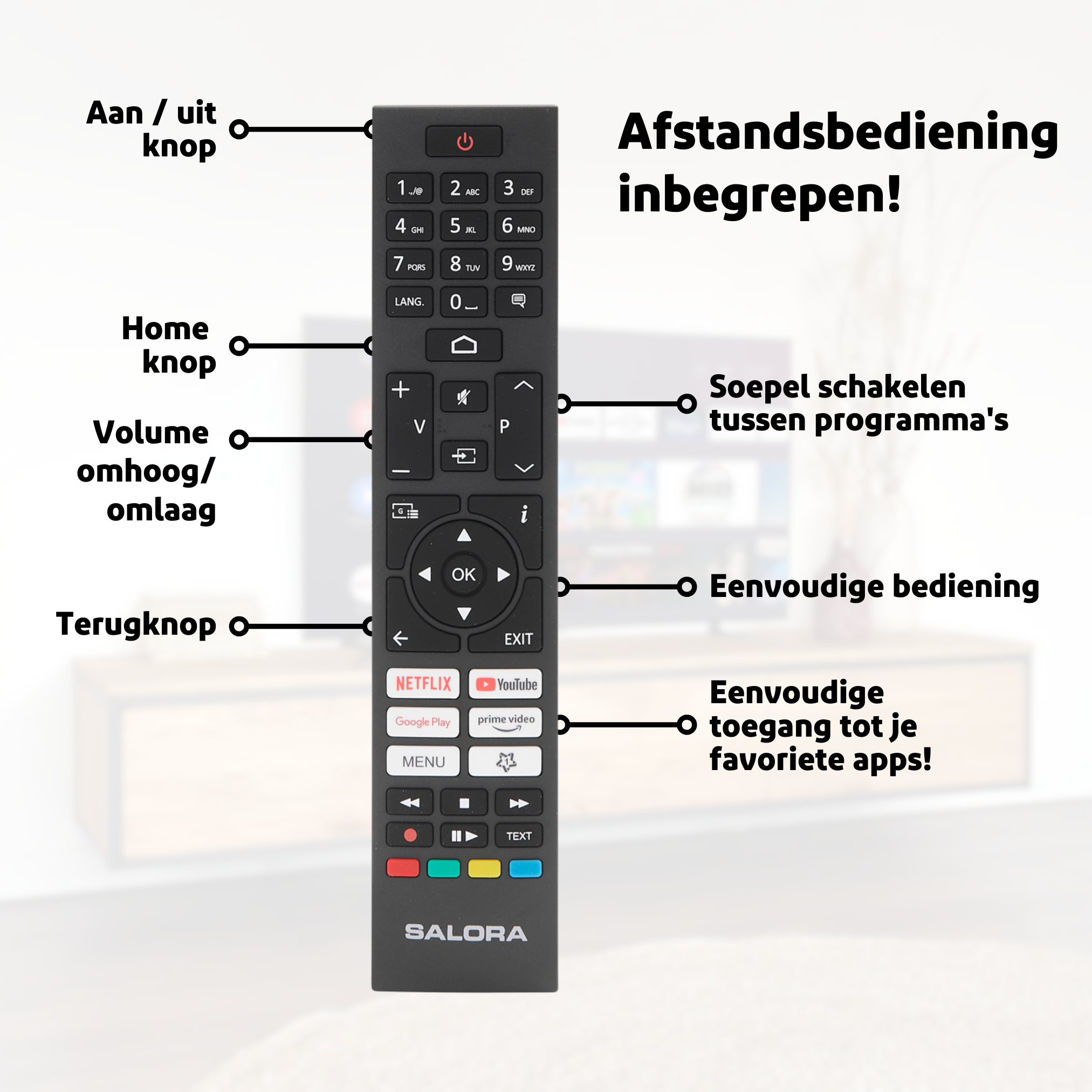 Salora TV remote control showing various buttons and functions.