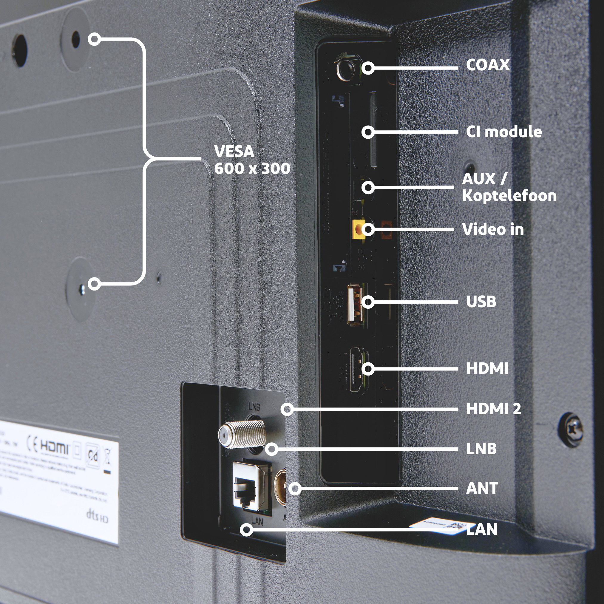 Back view of a TV showing its ports. Includes COAX, CI module, AUX, Video in, USB, HDMI, LNB, ANT and LAN.