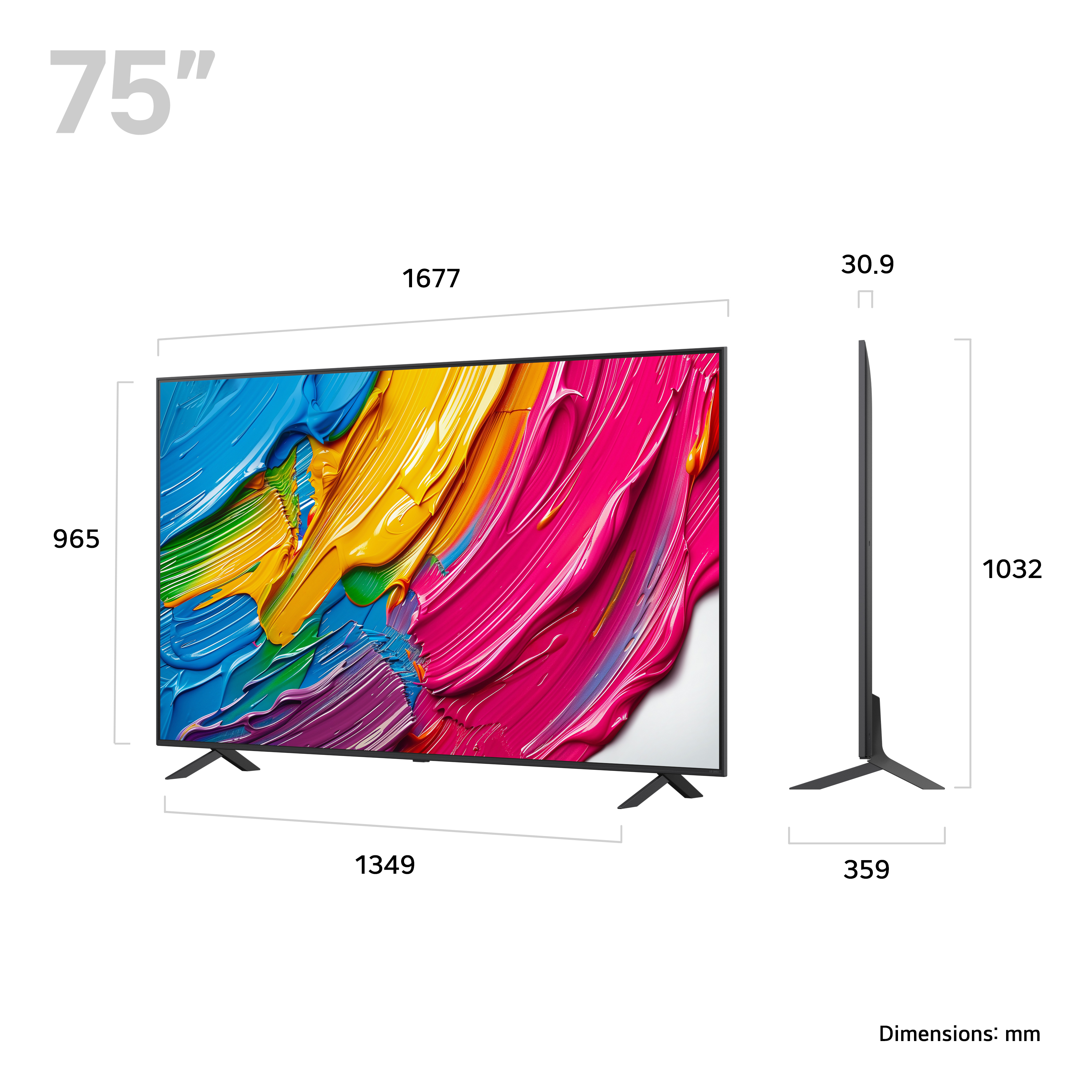 Un TV da 75 pollici che mostra un'opera d'arte astratta colorata. Dimensioni: 1677x965x359 mm.