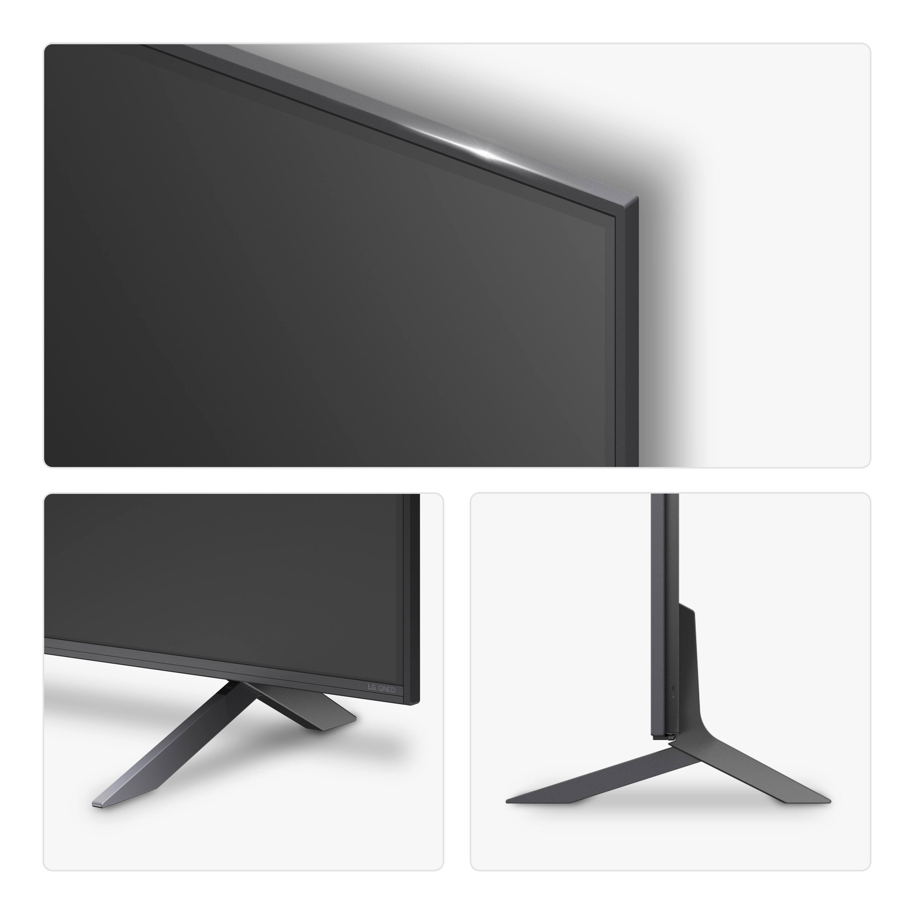 Primo piano di una TV nera. La TV ha una cornice sottile e un supporto argentato.