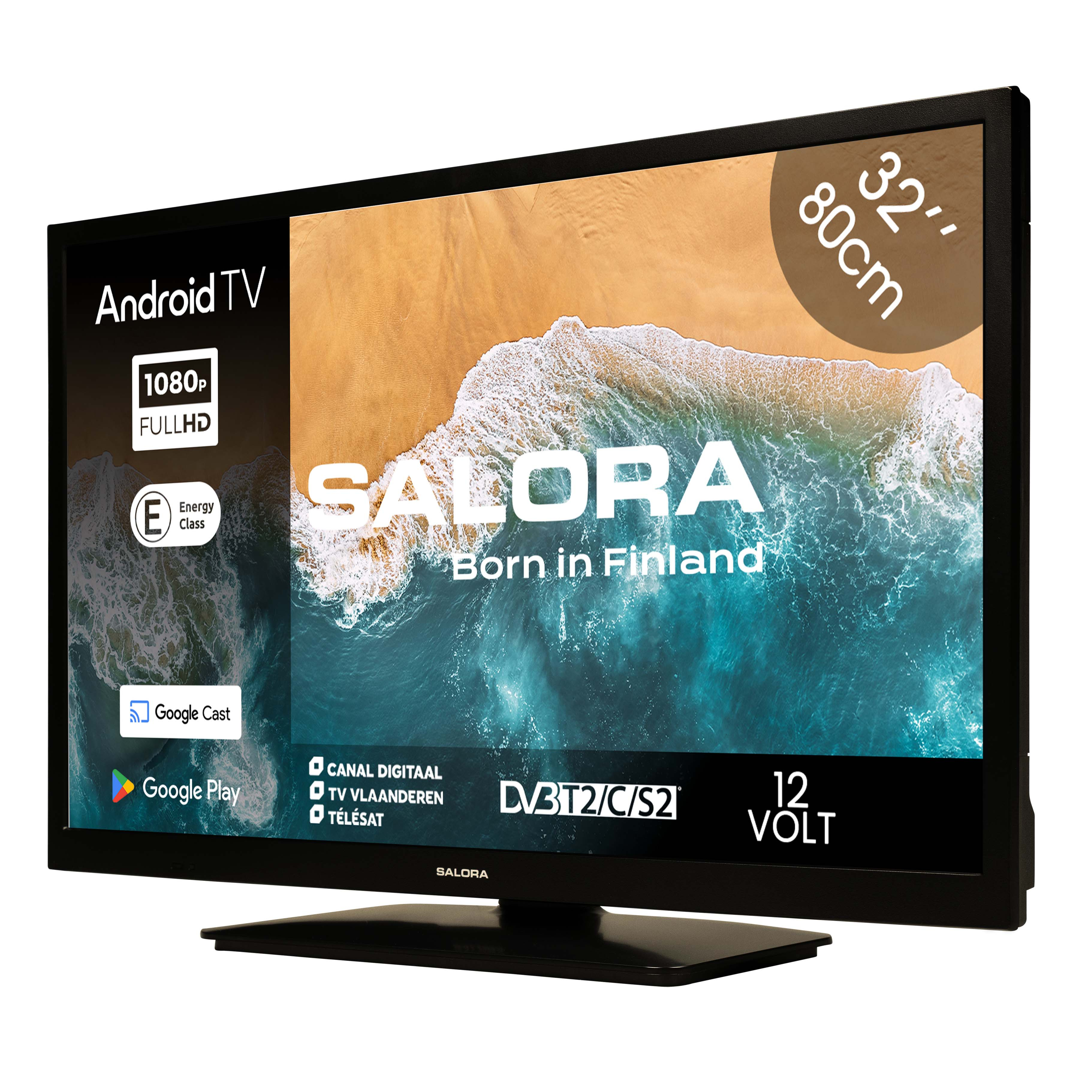 Un televisore Salora con una scena di spiaggia. Ha Android TV, 1080p Full HD e Google Cast.