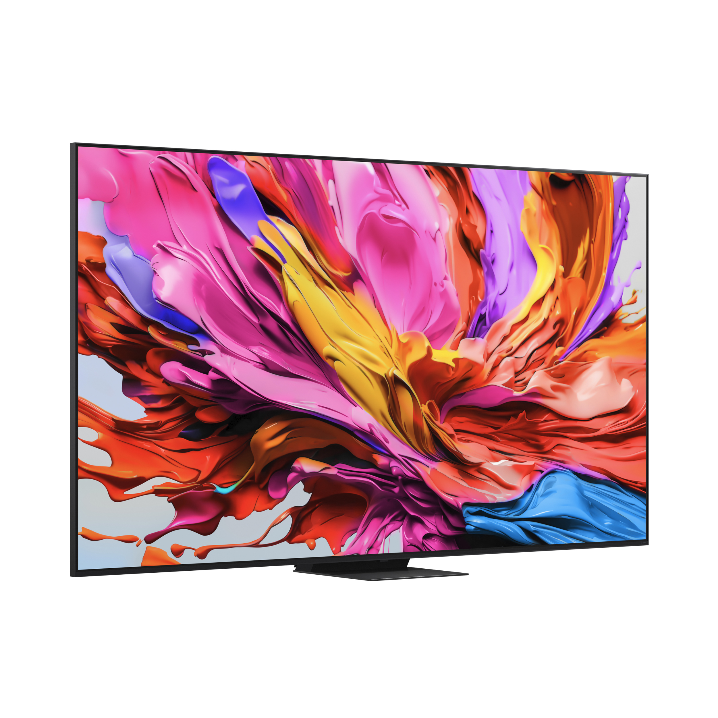 Una TV moderna mostra un'opera d'arte astratta vibrante, con colori brillanti.