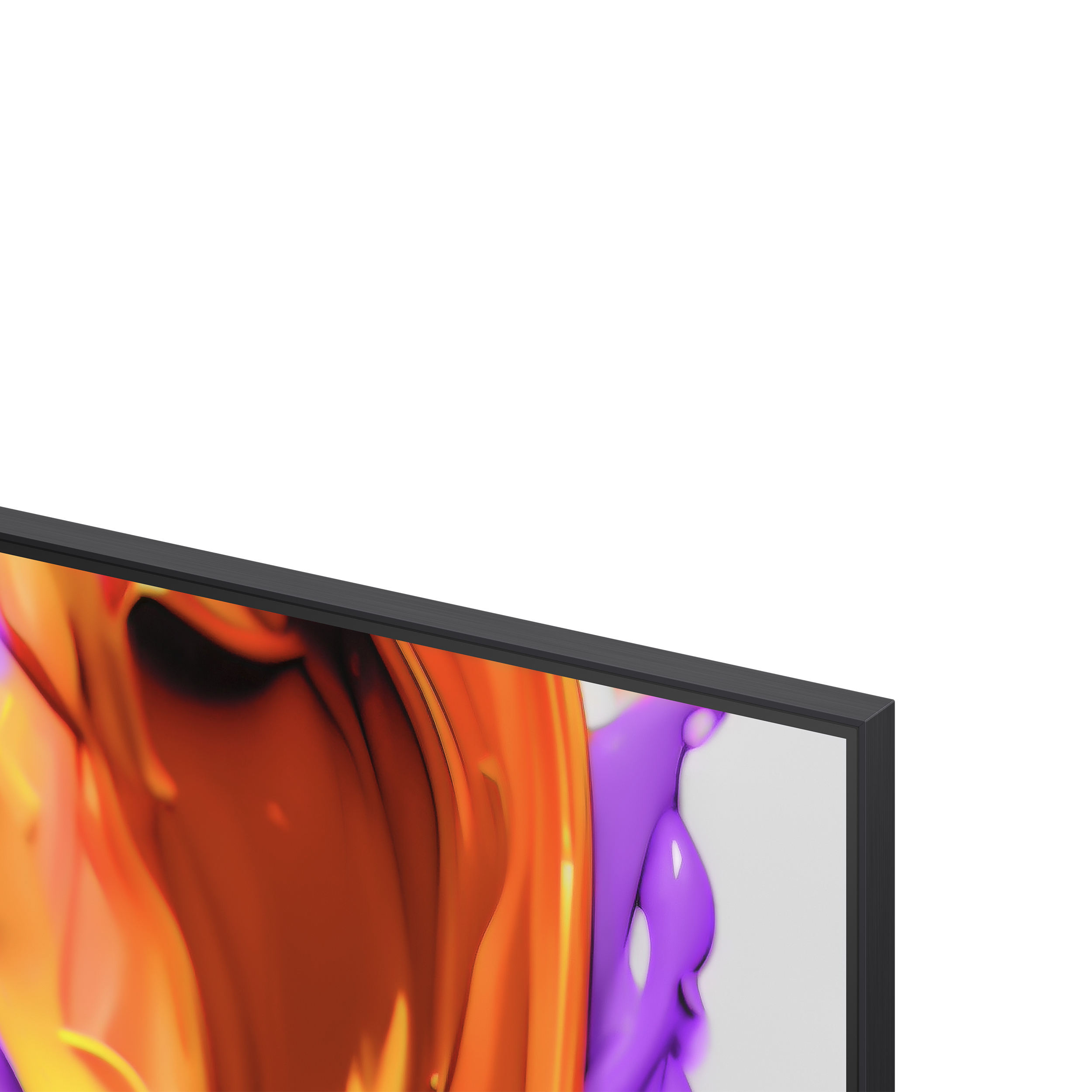 Zbliżenie górnego rogu czarnego telewizora, z kolorowym abstrakcyjnym obrazem.