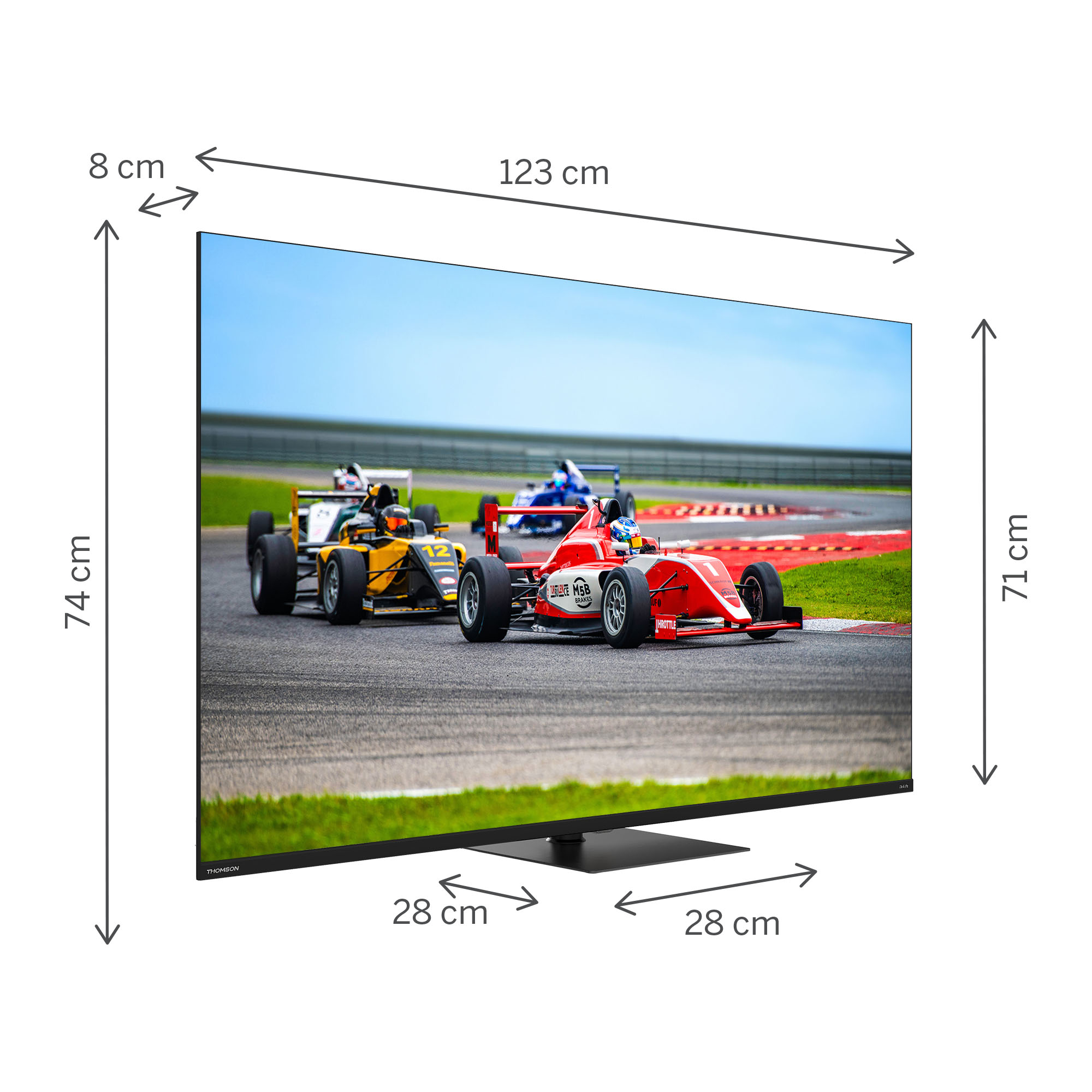 TV Thomson mostrando una carrera con coches de carreras rojos y amarillos. Las dimensiones son 123cm de ancho y 74cm de alto.