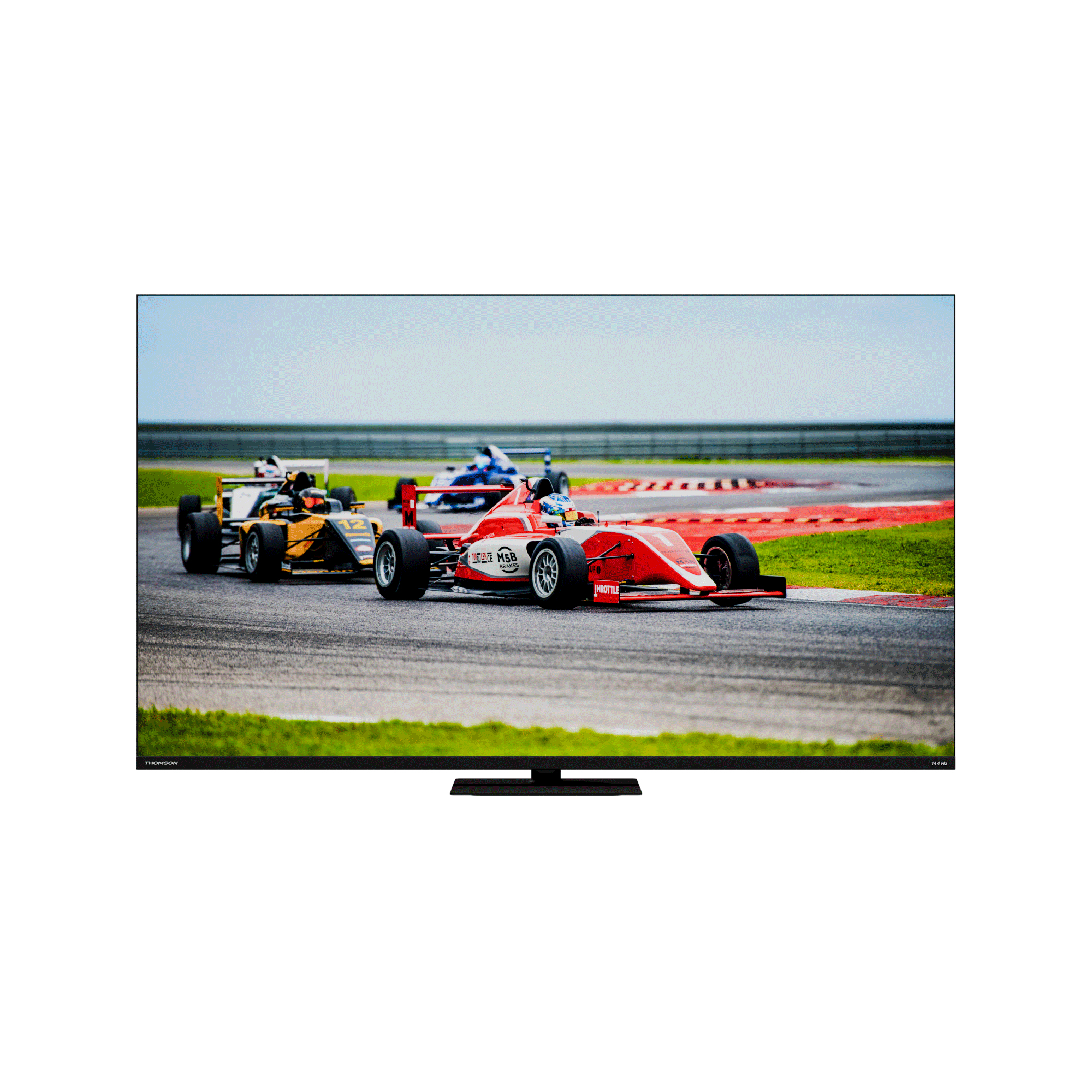 TV Thomson mostrando una carrera con coches de carreras rojos y amarillos. La pista está en primer plano.