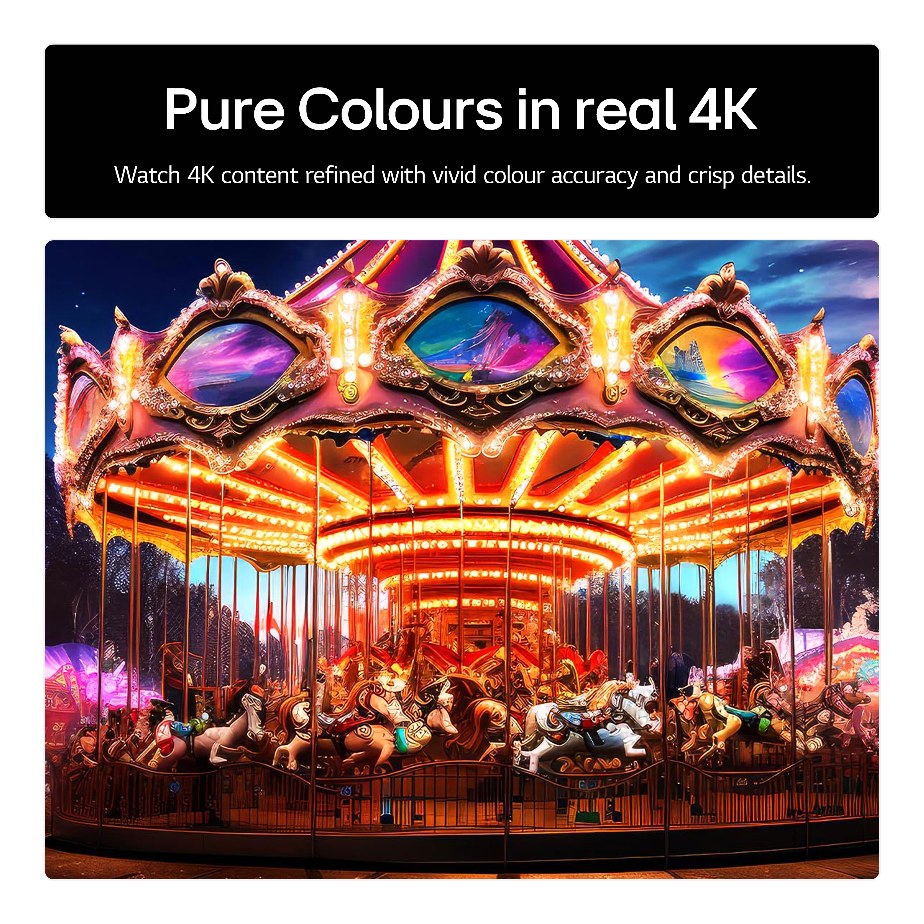 Karuzela o żywych kolorach, odbijająca światło i nocne niebo. Scena wywołuje świąteczny nastrój.