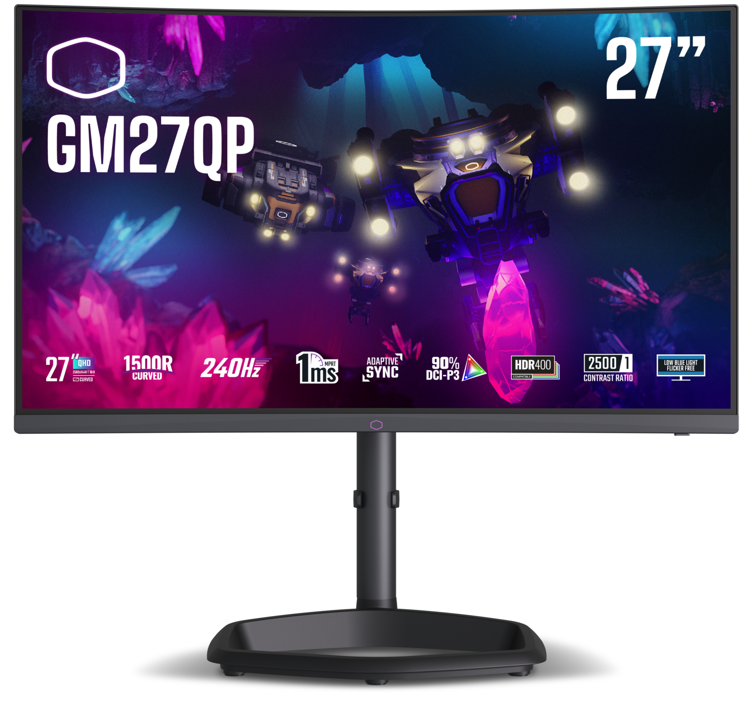 Gebogen monitor met zwarte standaard en een futuristische scène op het scherm.