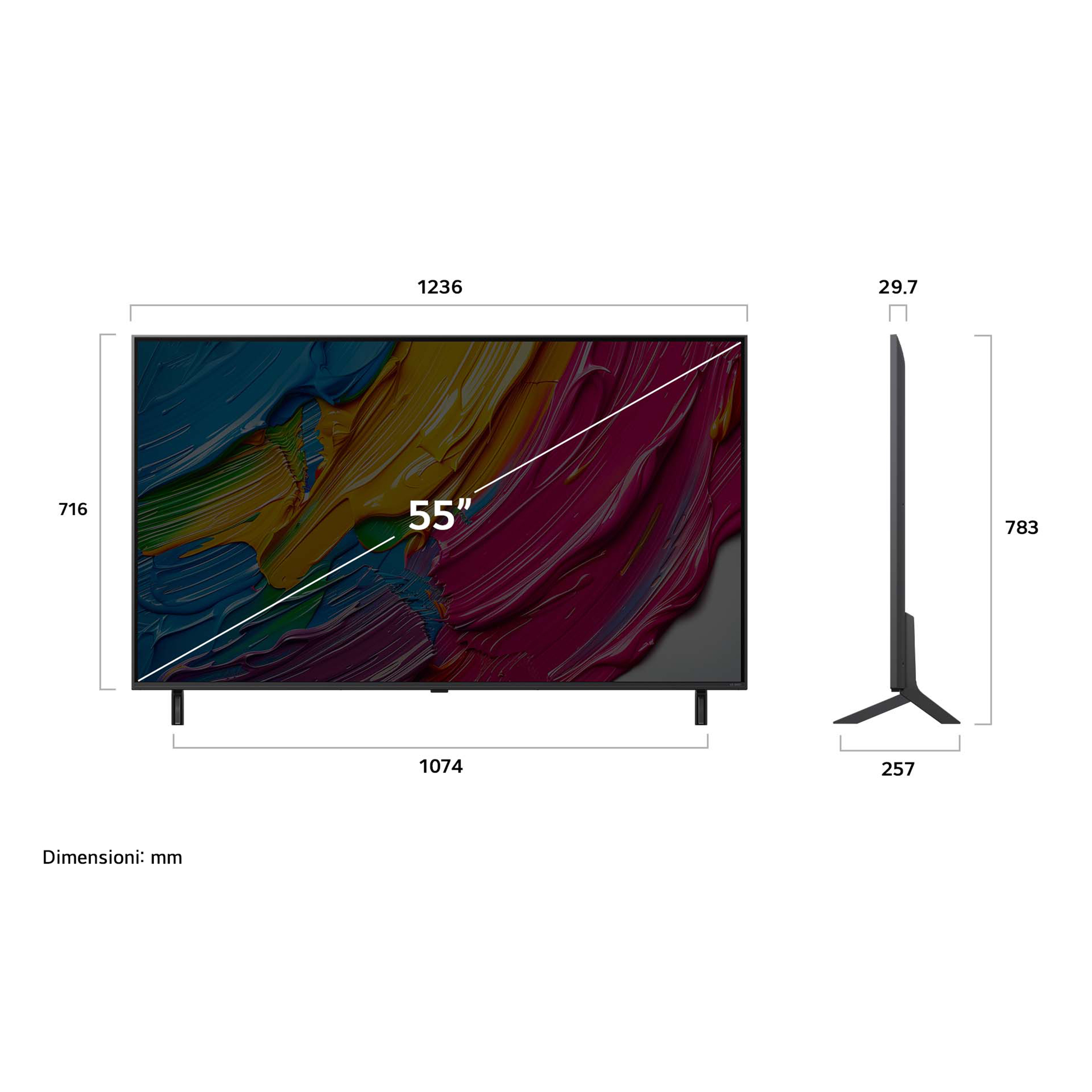 Dimensioni TV 55" mostrate con misure.