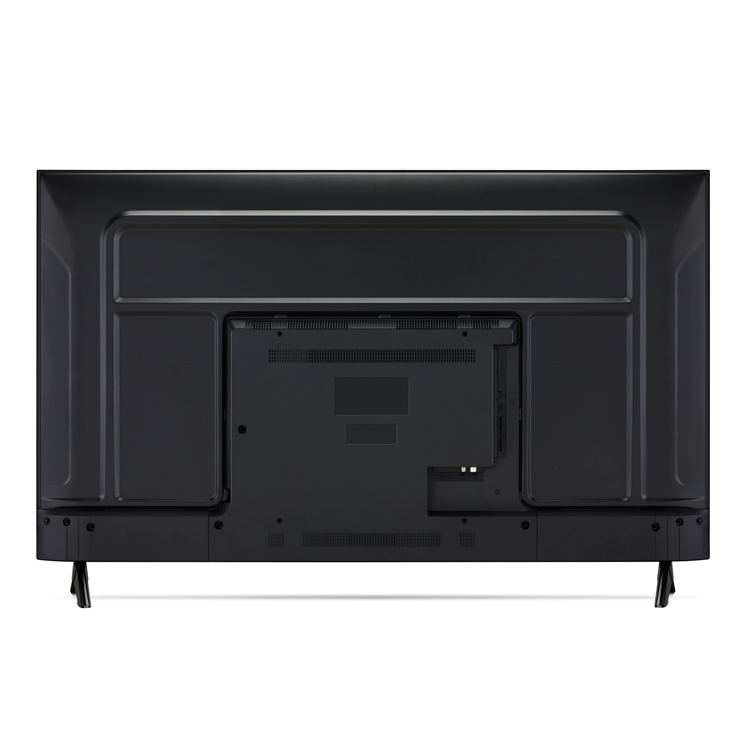 Czarny tył telewizora. Posiada porty i gniazda połączeniowe. Małe nóżki podtrzymują urządzenie.