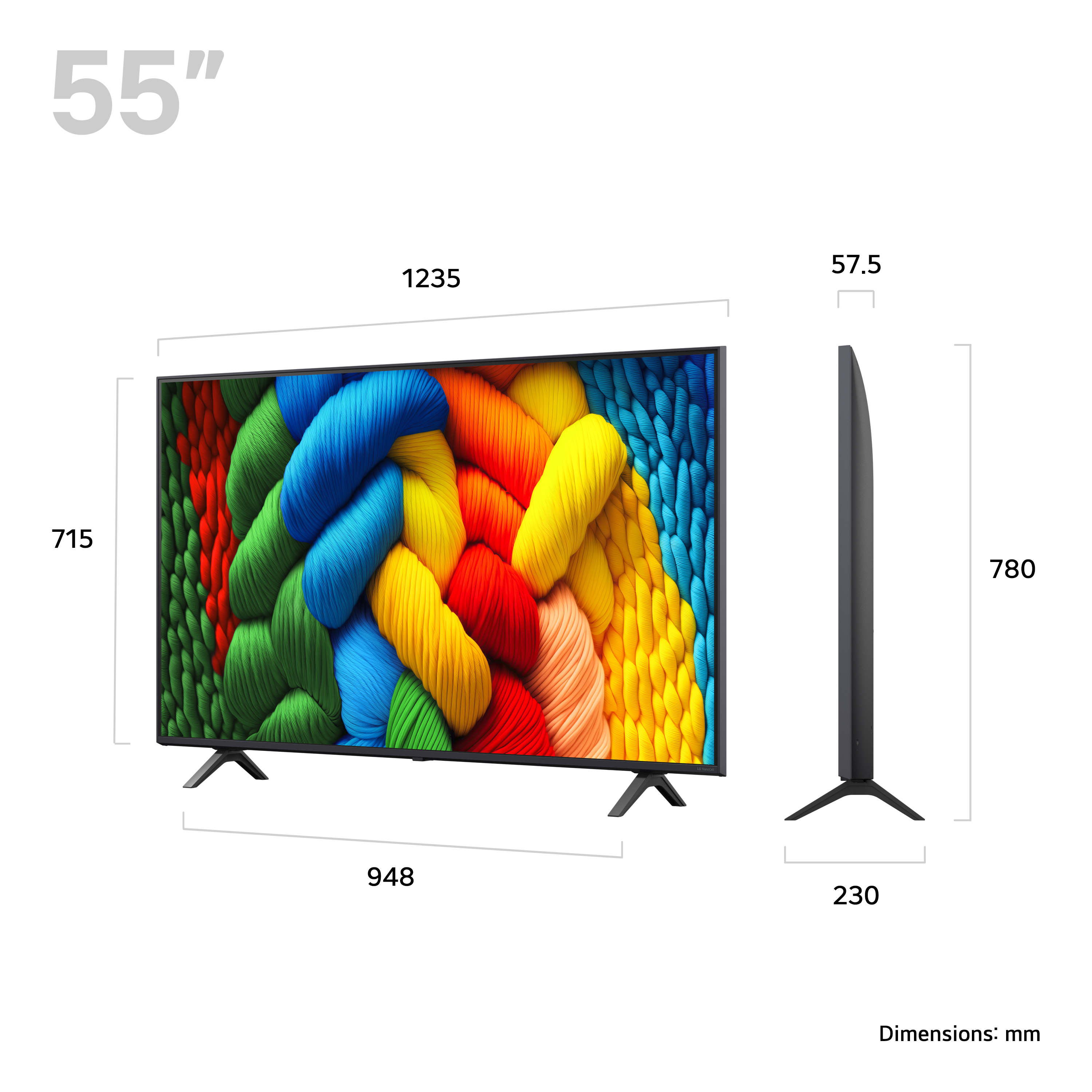 TV da 55 pollici su sfondo bianco. Schermo con arte astratta colorata.