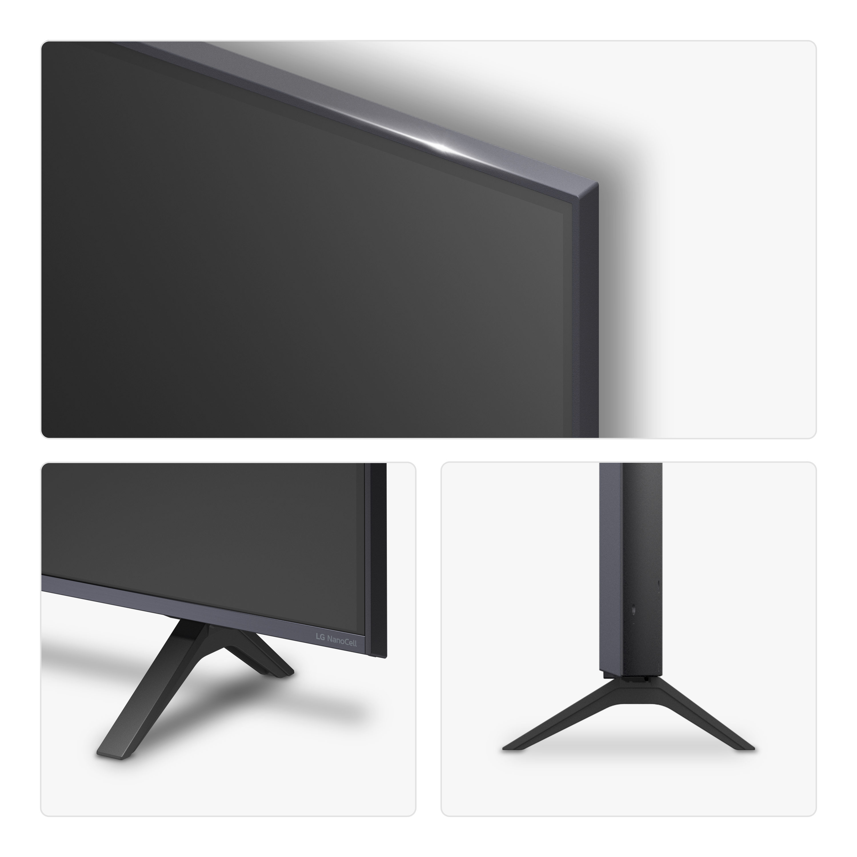 Un televisore Panasonic con schermo nero e base argentata.