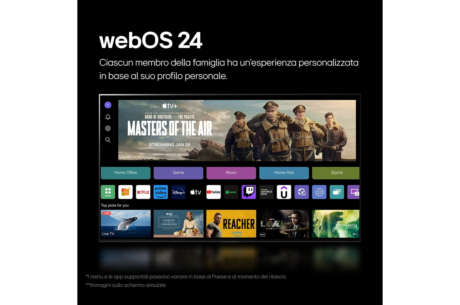 Uno schermo TV nero che mostra un'interfaccia utente con varie icone di app.