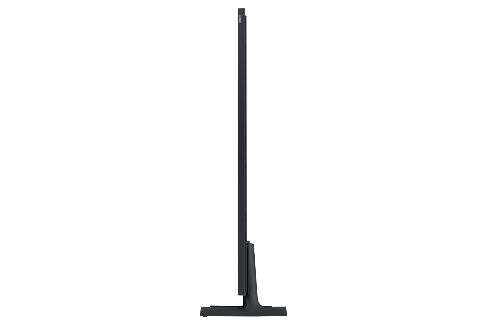 Widok z boku czarnego telewizora z cienkim profilem i podstawką.