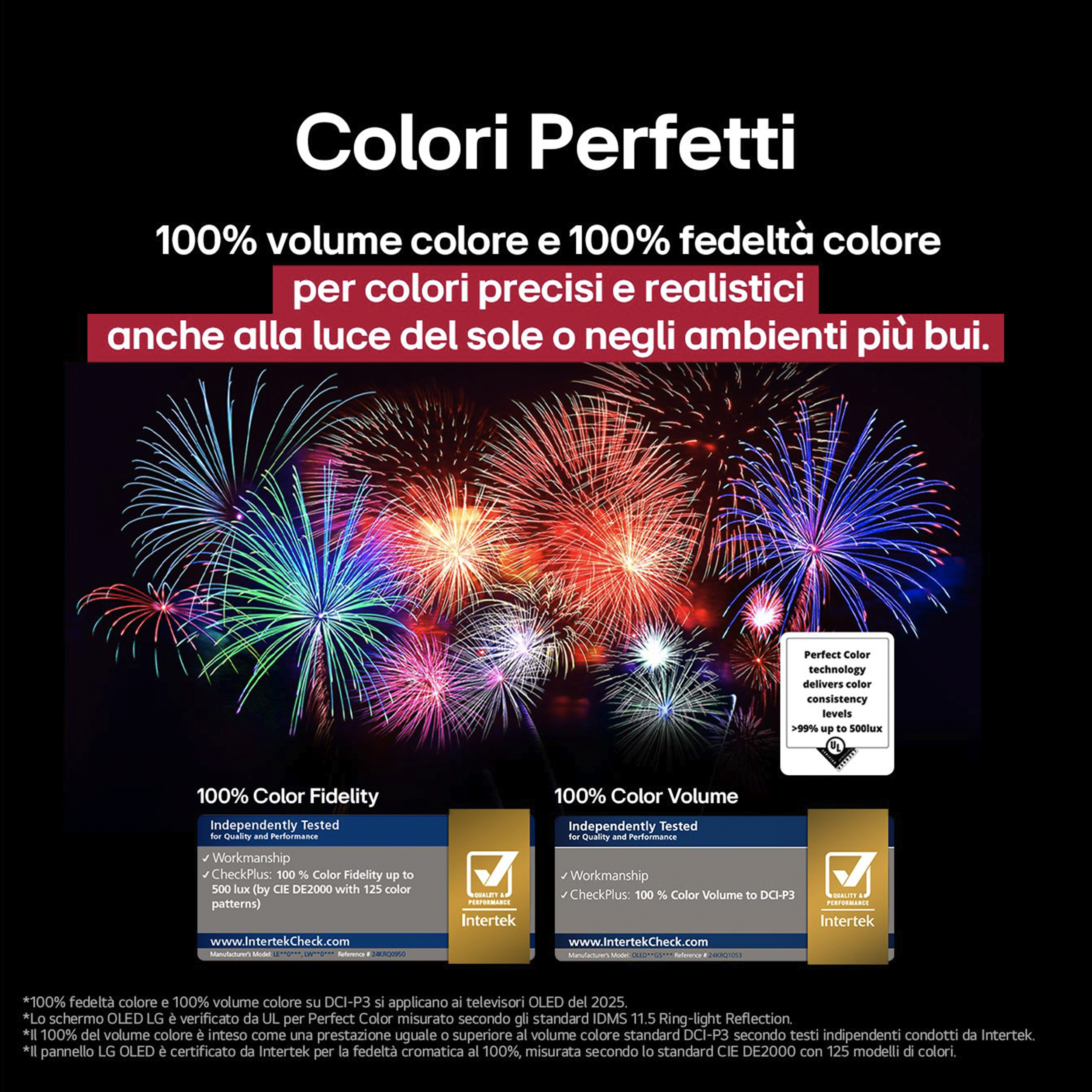 L'image montre des feux d'artifice avec du texte sur la fidélité et le volume des couleurs pour une télévision.