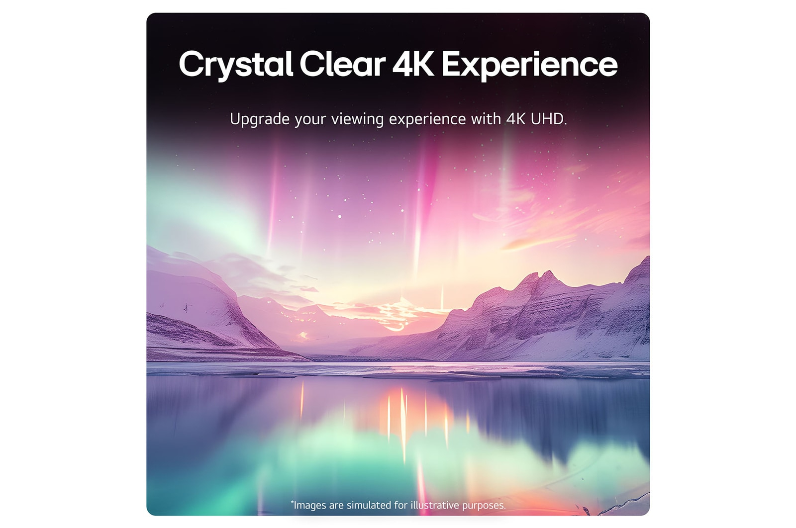 Vista escénica en una pantalla de TV. Texto: Crystal Clear 4K Experience. Montañas nevadas.