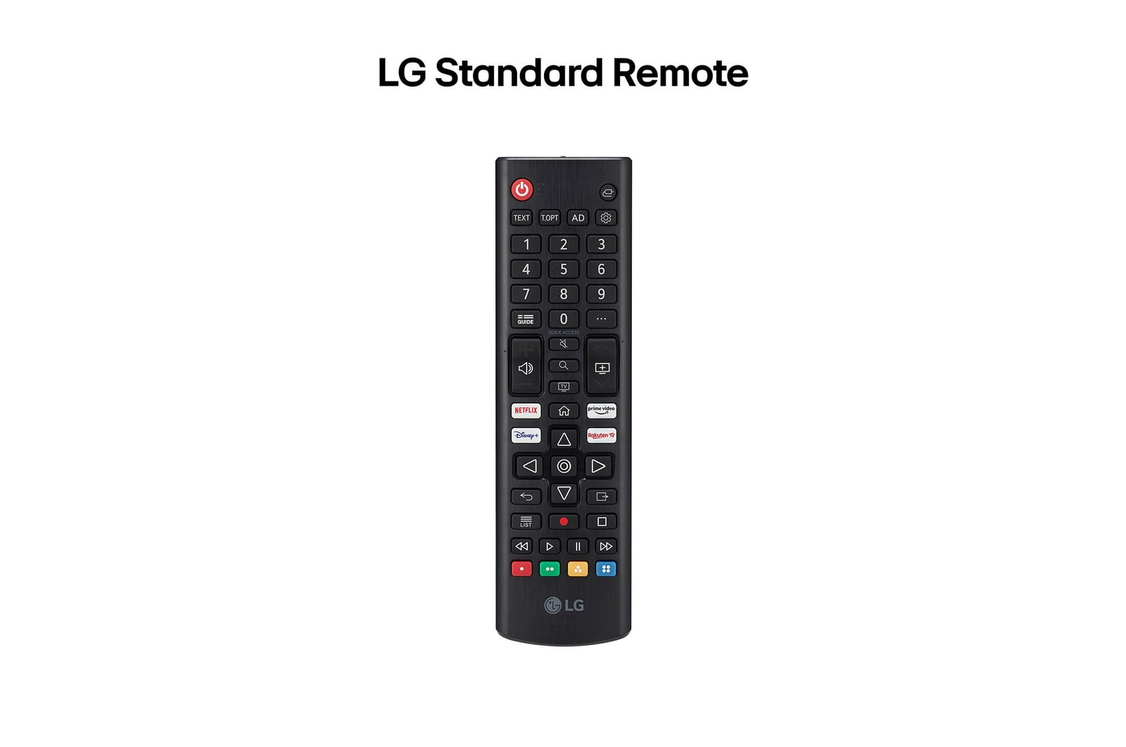 Control remoto estándar de LG, negro, con muchos botones etiquetados y organizados sistemáticamente.