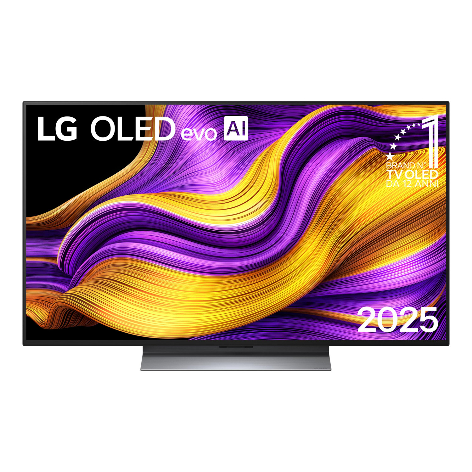 TV LG OLED evo AI con un'immagine astratta colorata sullo schermo. La TV ha un supporto argento.