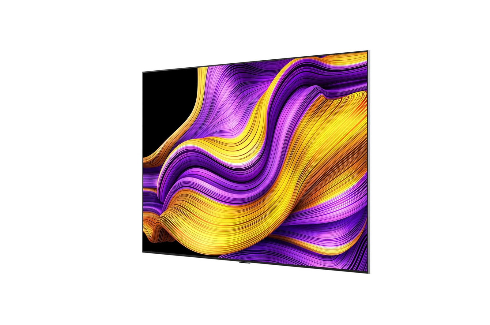 Telewizor wyświetlający abstrakcyjne dzieło sztuki z żółtych i fioletowych falistych linii na czarnym tle.