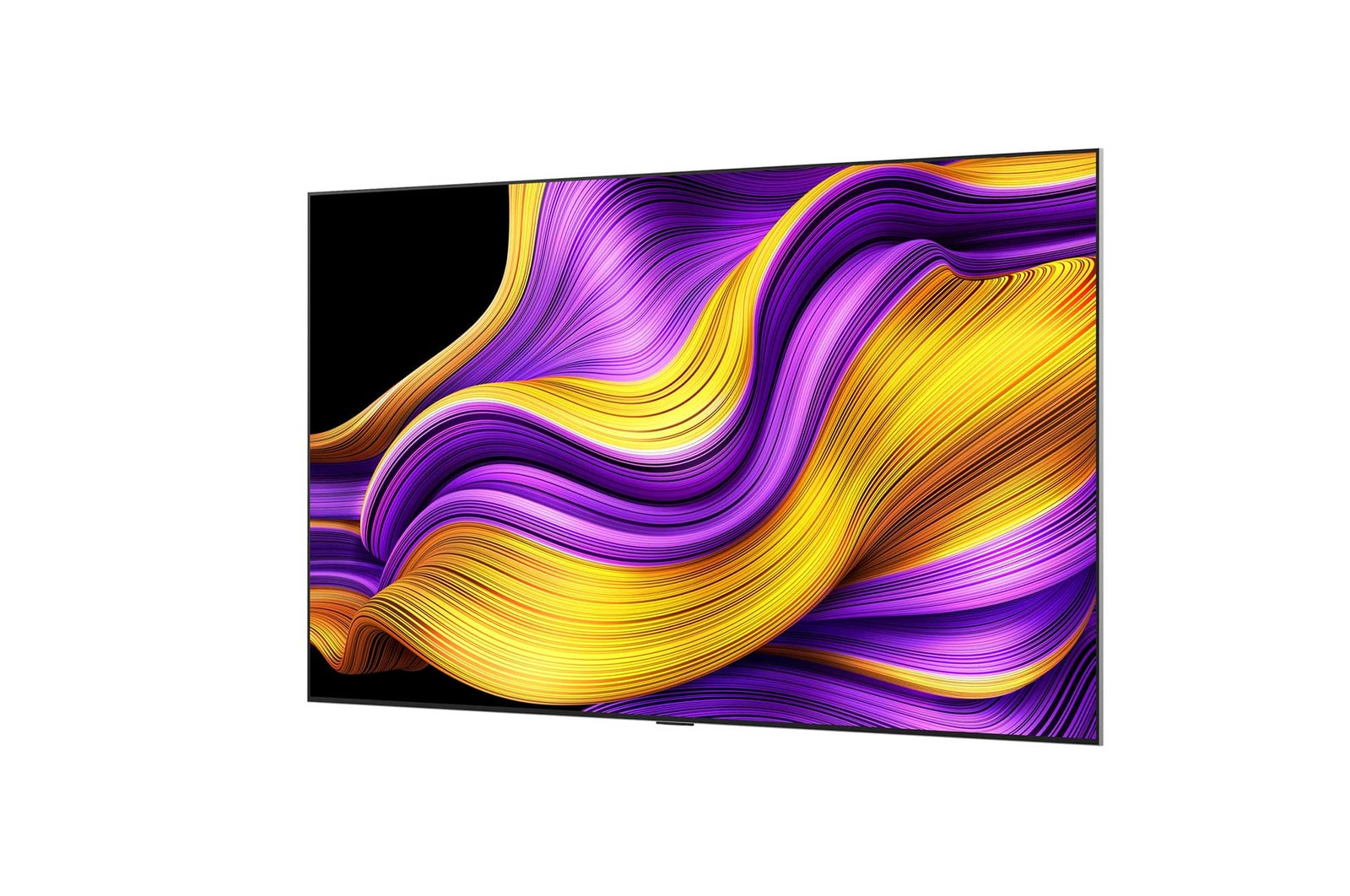 Telewizor wyświetlający abstrakcyjne dzieło sztuki z żółtych i fioletowych falistych linii. Telewizor ma czarną ramkę.