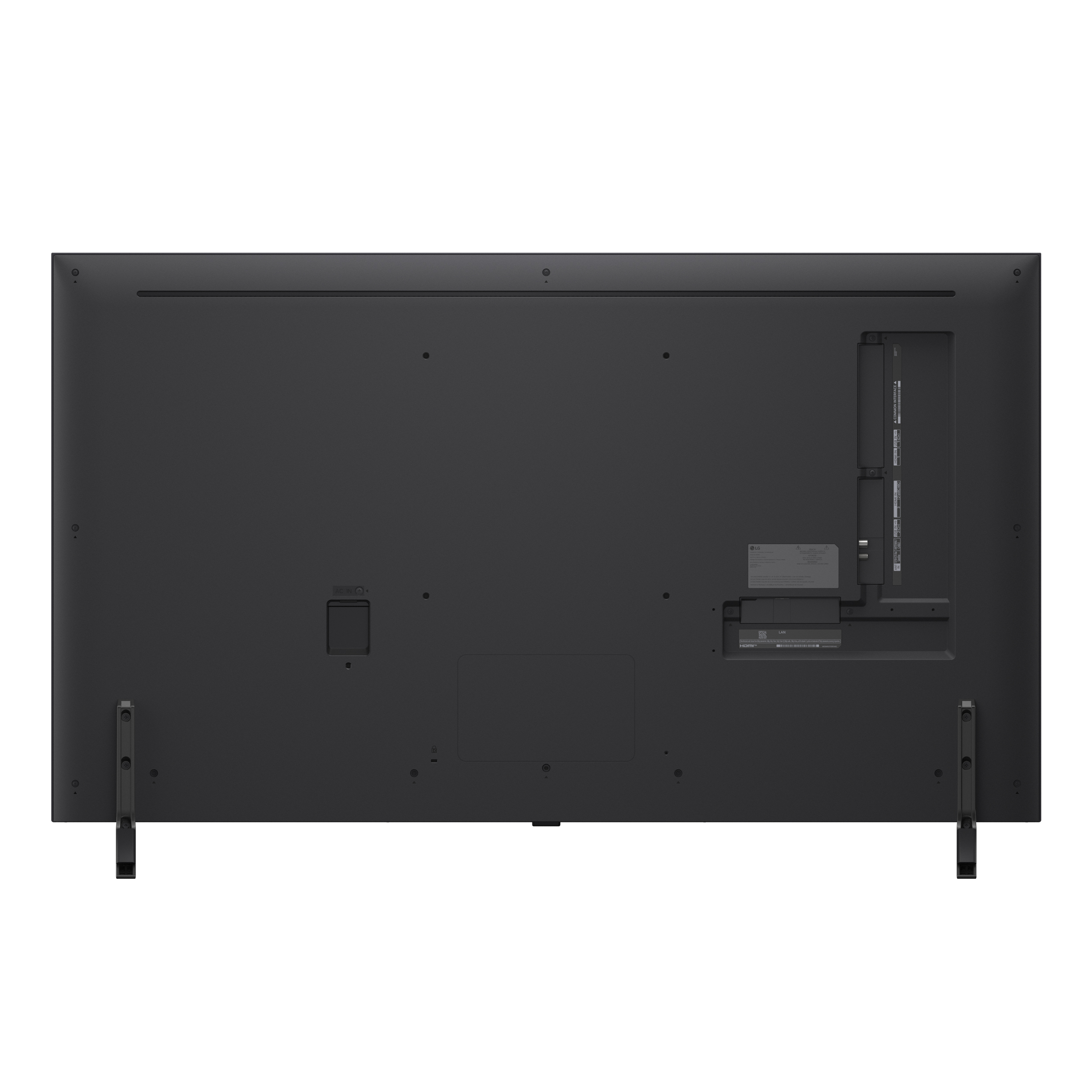 Rückseite eines schwarzen Fernsehers mit Anschlüssen und Ständer.