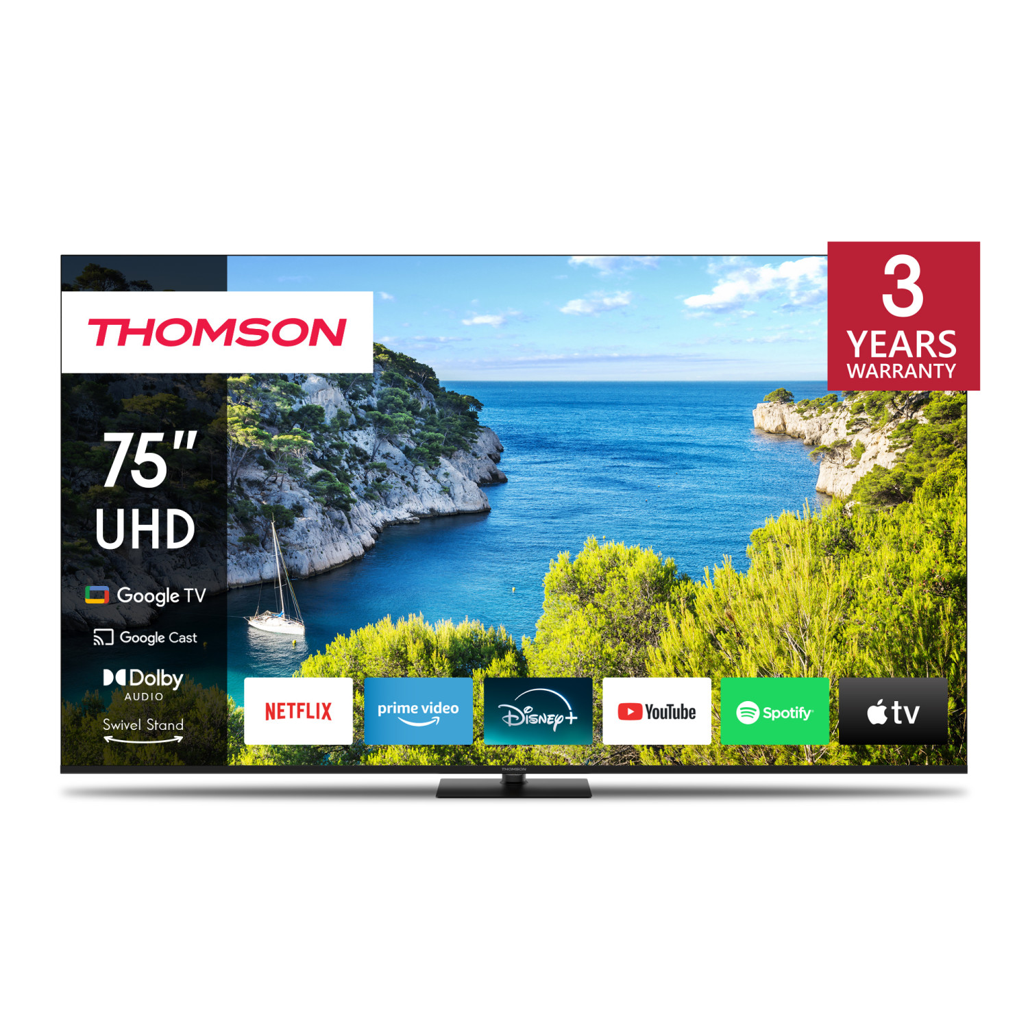TV Thomson 75" UHD mostra vista oceanica con barca a vela, icone app streaming e info garanzia.