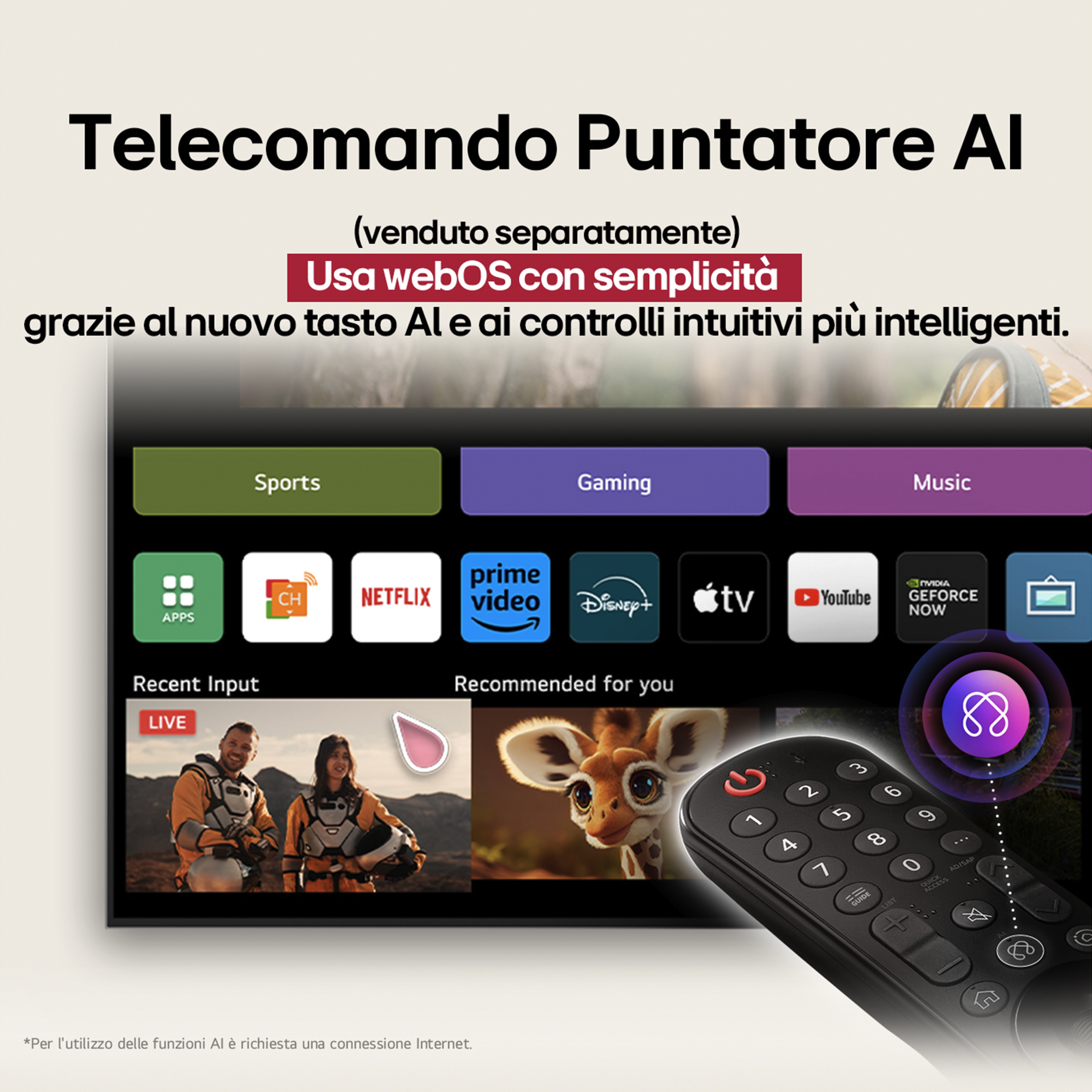 Interfaccia TV sullo schermo, che mostra app, opzioni di menu e un telecomando in primo piano.