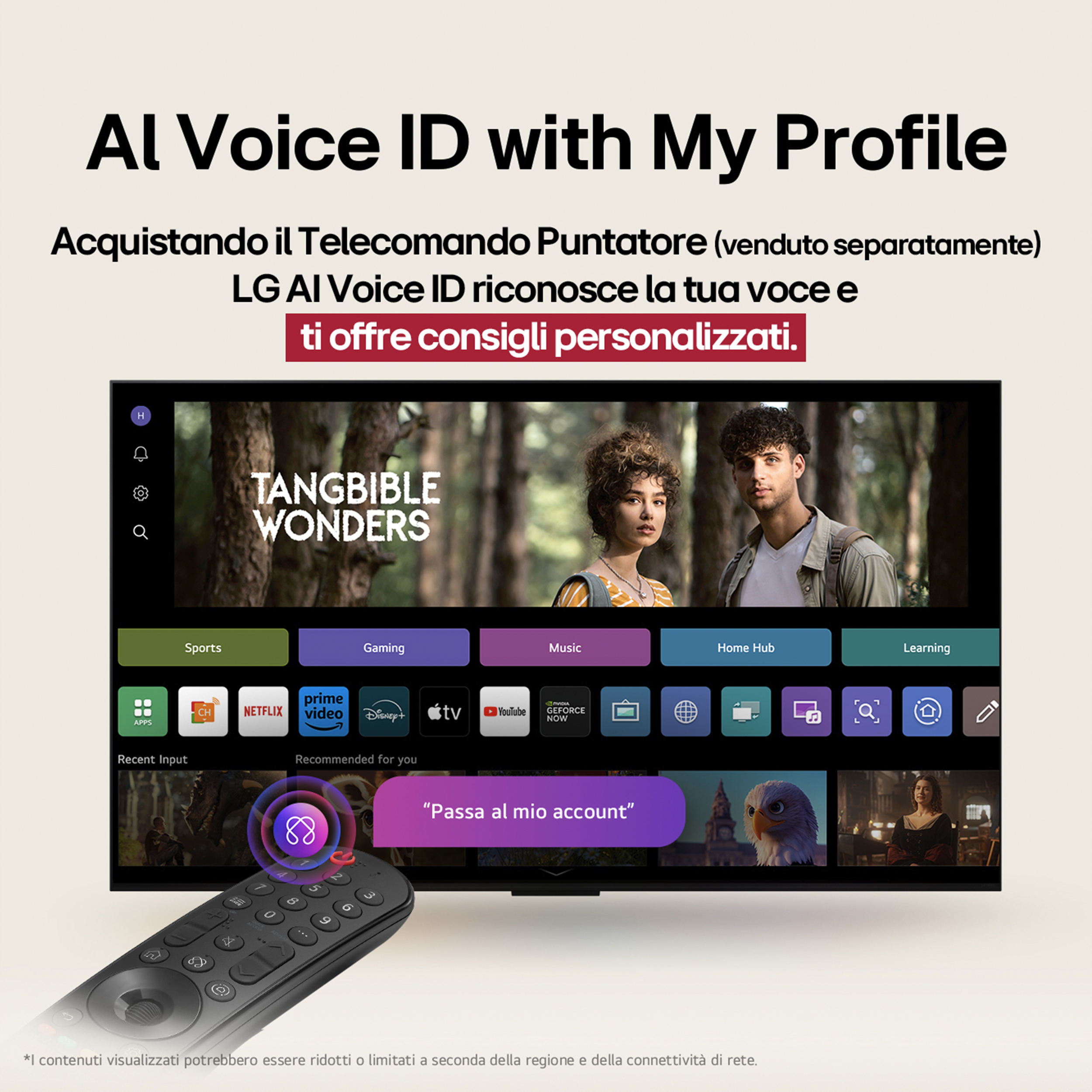 Uno schermo TV mostra un'interfaccia con un telecomando, con icone.