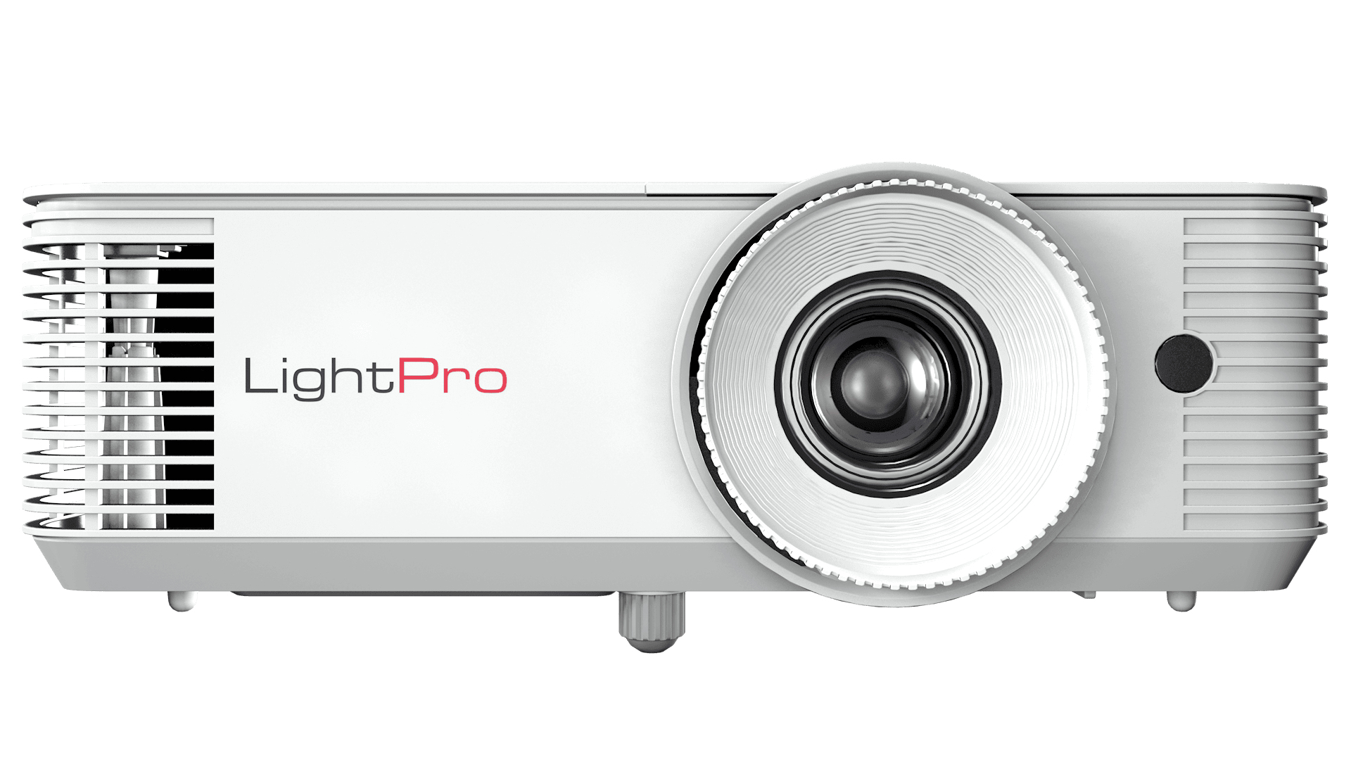 Biały projektor z napisem LightPro w kolorze czerwonym. Zbliżenie na obiektyw.