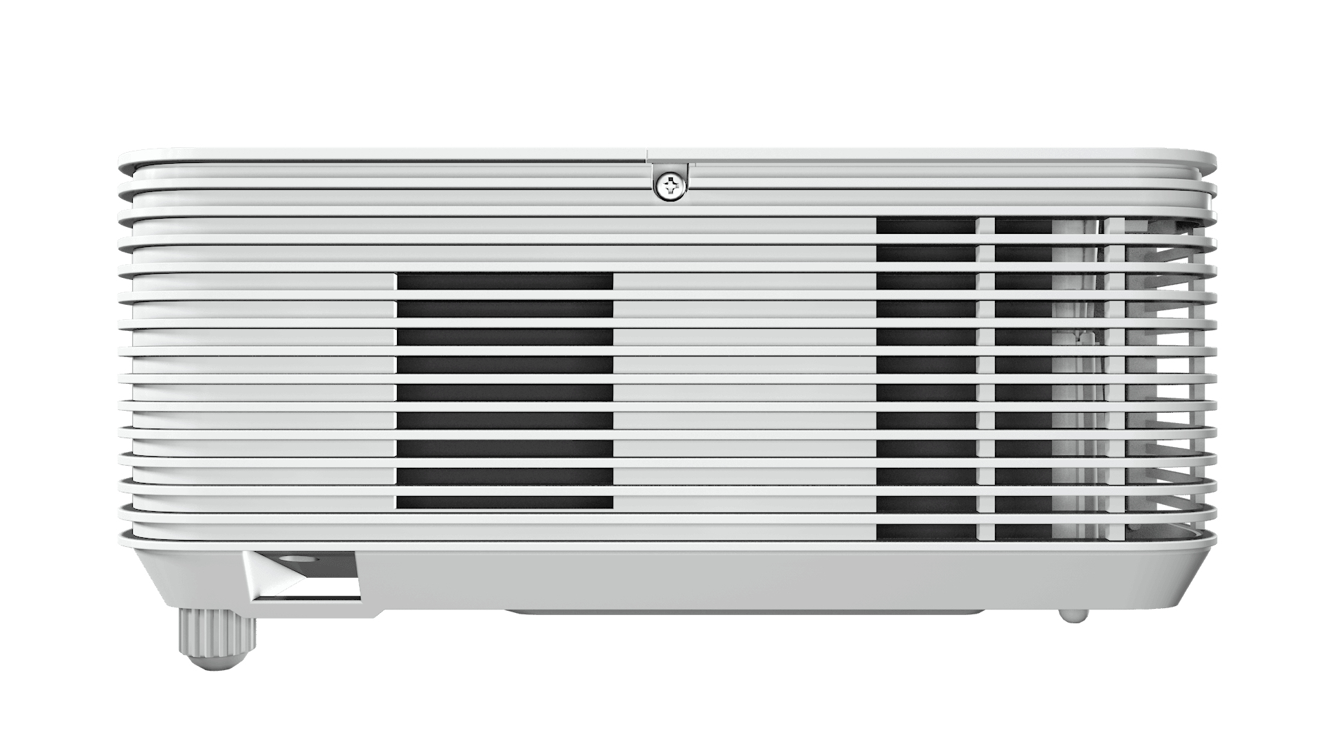 Tył projektora. Biały, z wentylacją i kilkoma łbami śrub.