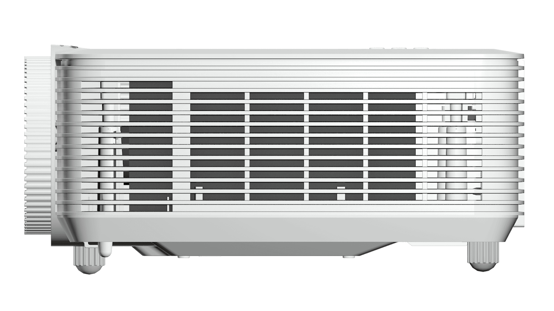 Widok z boku projektora. Biały, z wentylacją i kilkoma nóżkami.