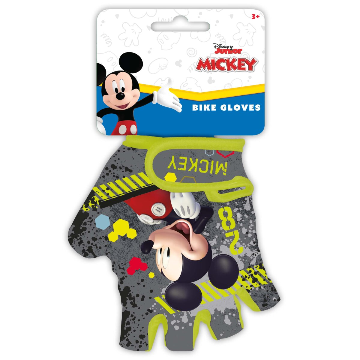 Mickey Mouse Fahrradhandschuhe mit einem Disney Junior-Etikett.