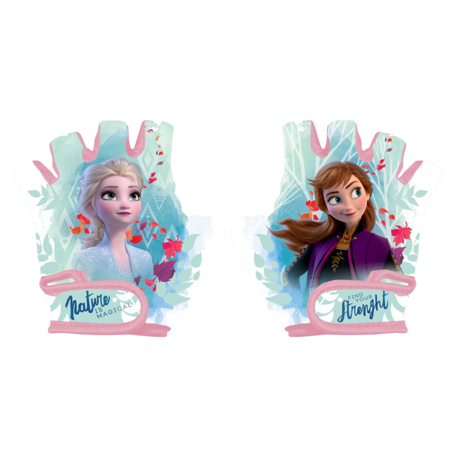 Zwei Frozen-Handschuhe. Elsa und Anna sind auf den Handschuhen abgebildet. Rosa und blaue Farben.