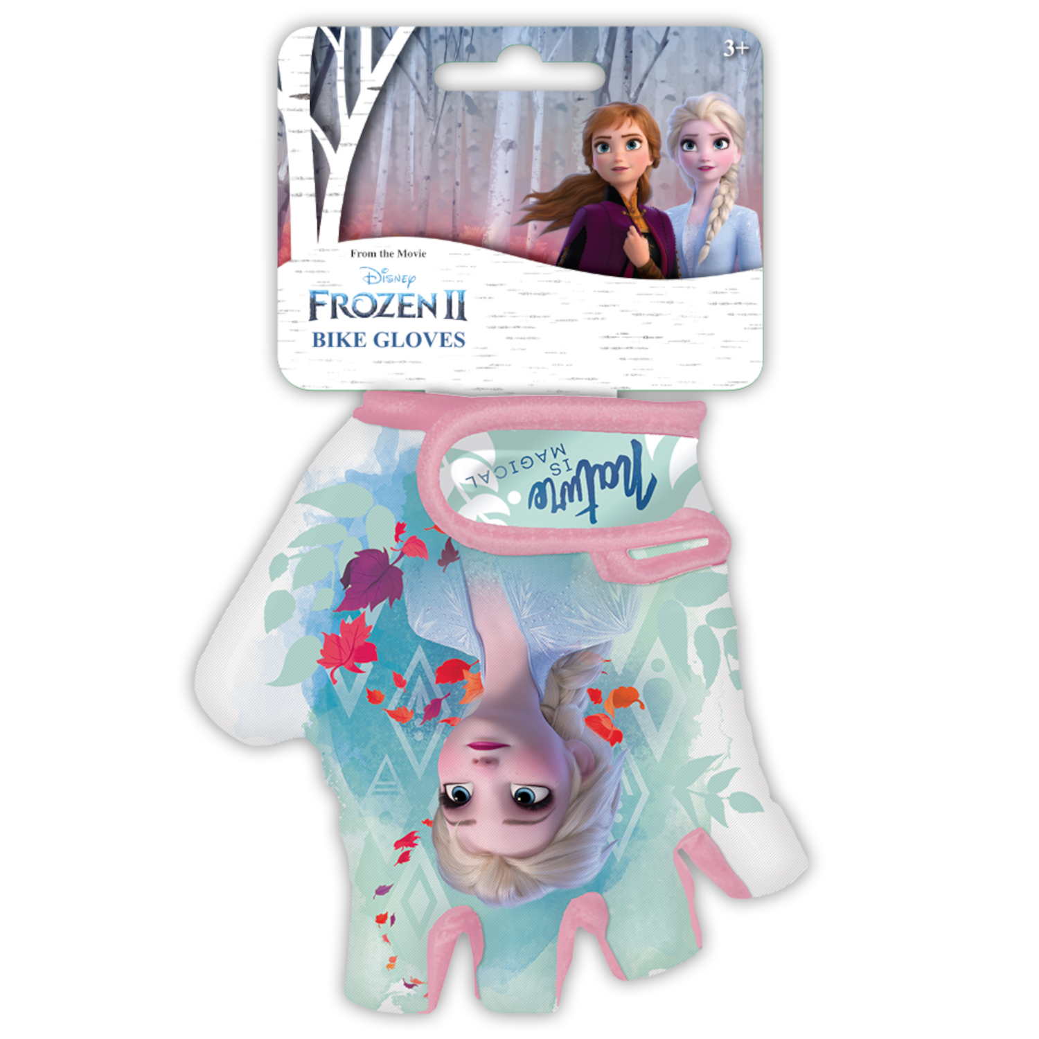 Frozen II Fahrradhandschuh. Elsas Gesicht ist darauf abgebildet. Weiße, rosa und blaue Farben.